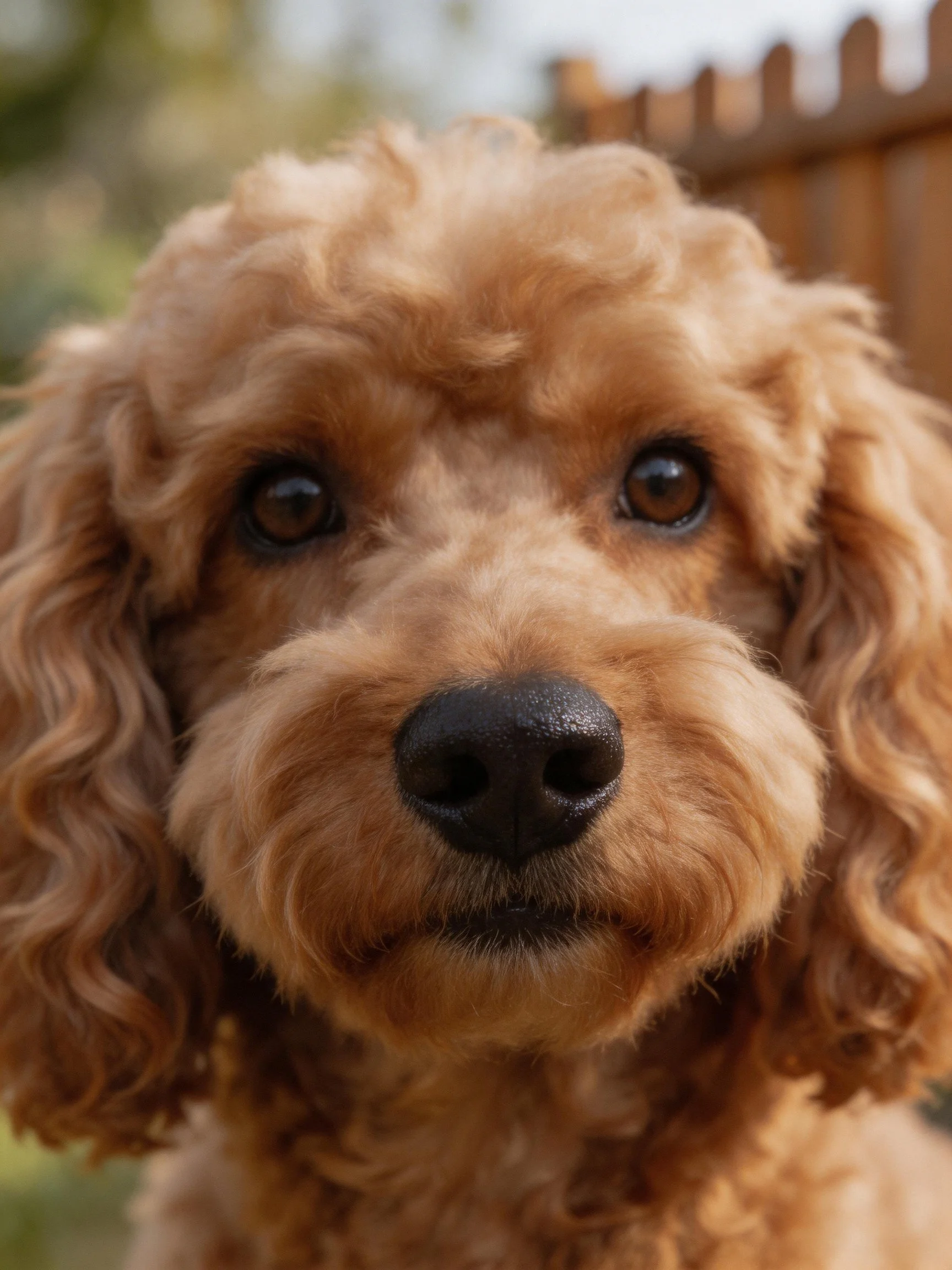 A close-up of a light brown curly dog with large dark eyes.