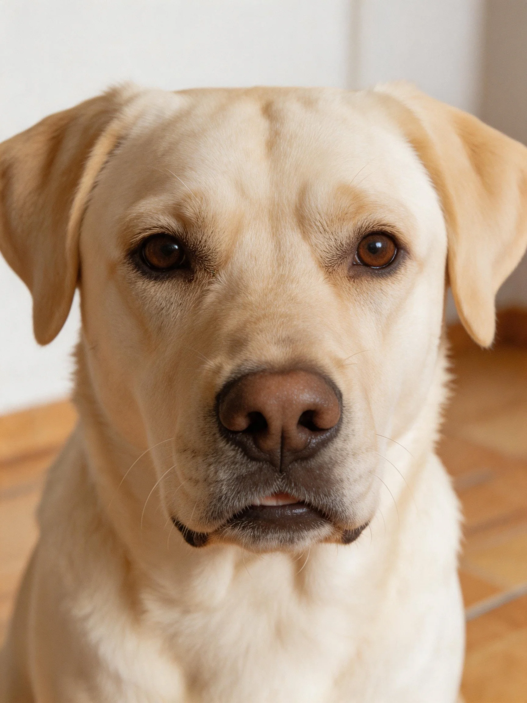 Close - up of a light tan Labrador Retriever indoors
