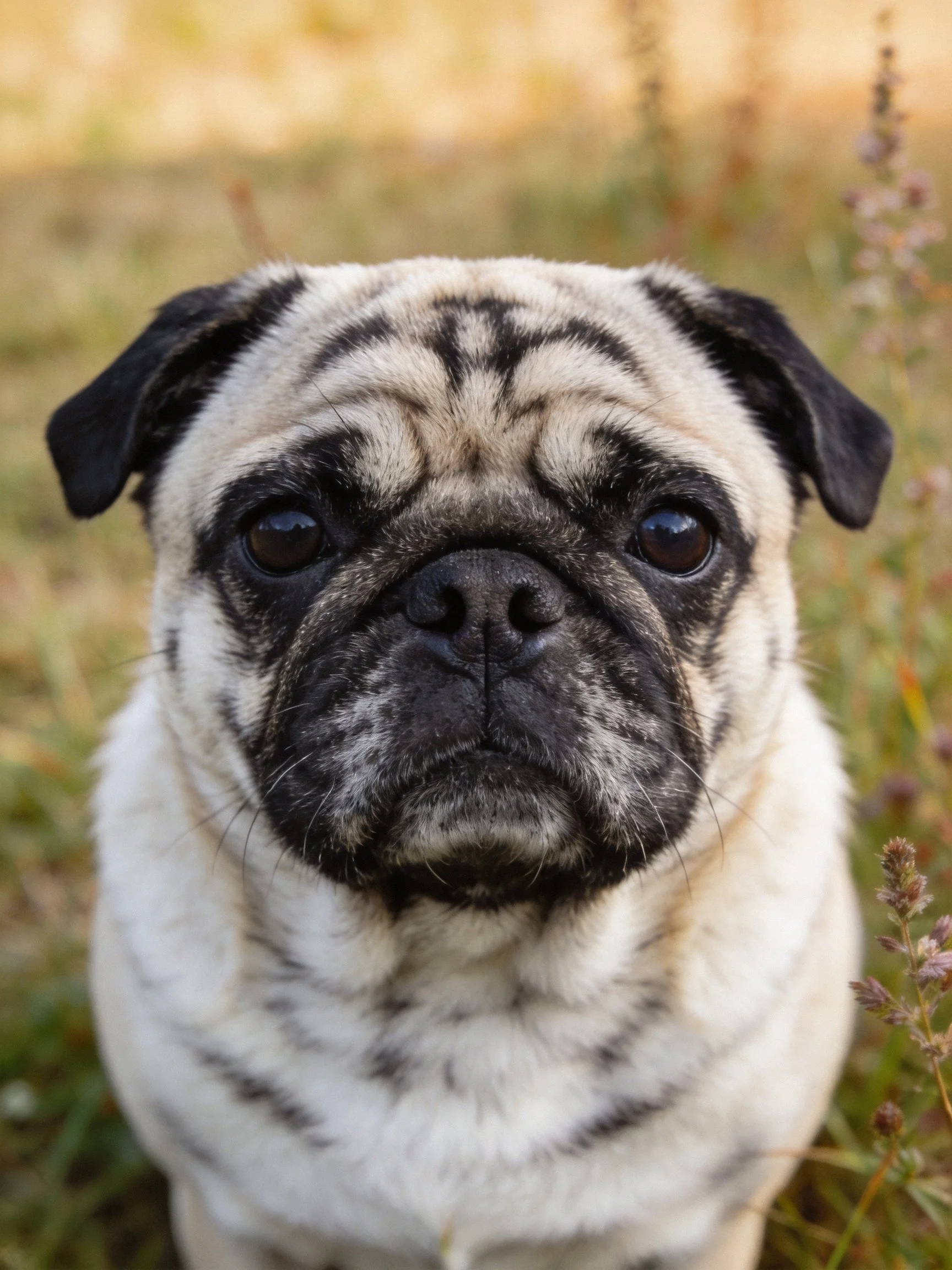 A close-up of a pug with dark facial markings and light fur.