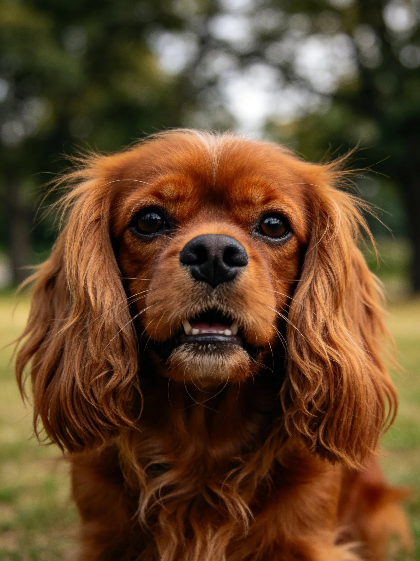 A reddish-brown dog with long fur is photographed up close in nature.
