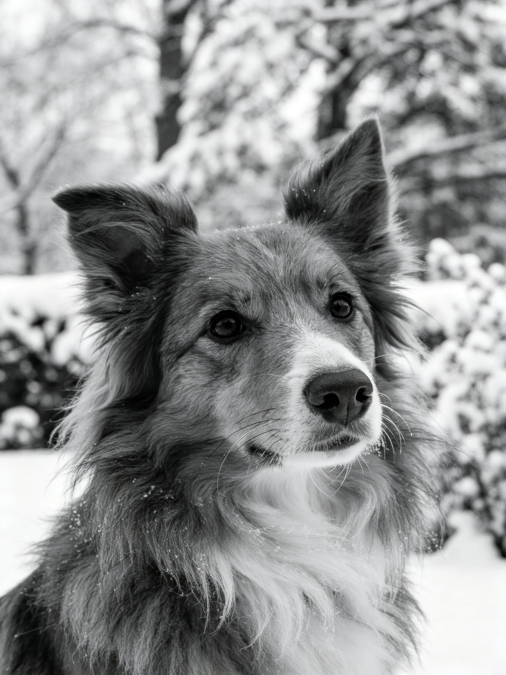 A shaggy dog stands in a snow - filled landscape with snow - covered trees.