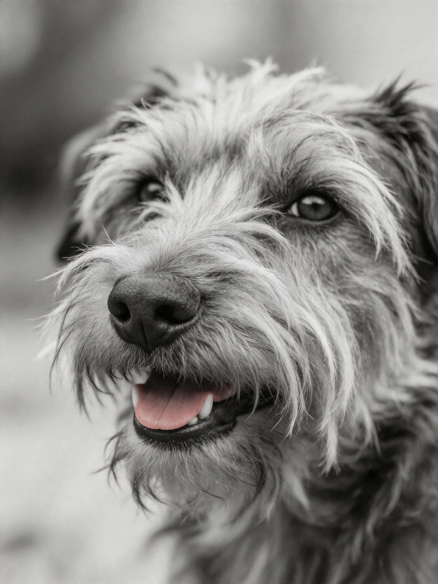 Close - up of a shaggy gray dog with textured fur
