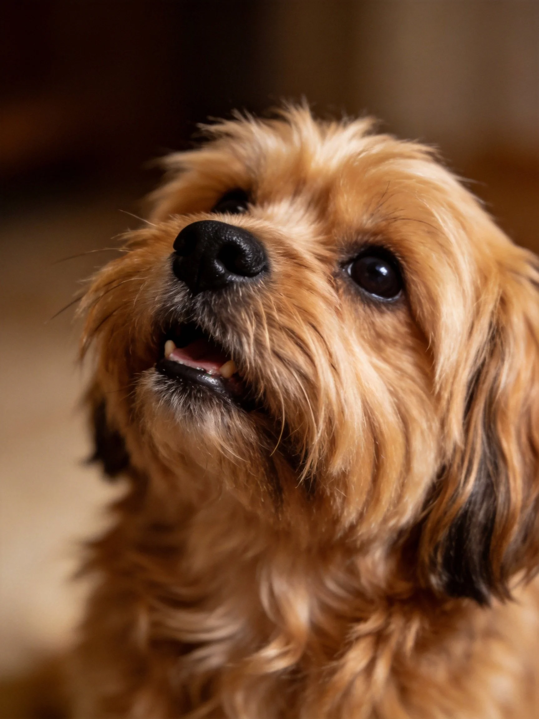 A small brown shaggy dog looks upward with its mouth slightly open.