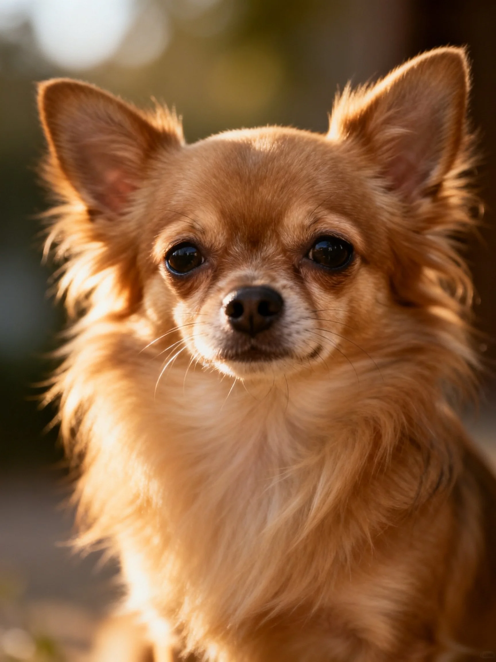 A small golden Chihuahua gazes directly at the camera in soft natural light.