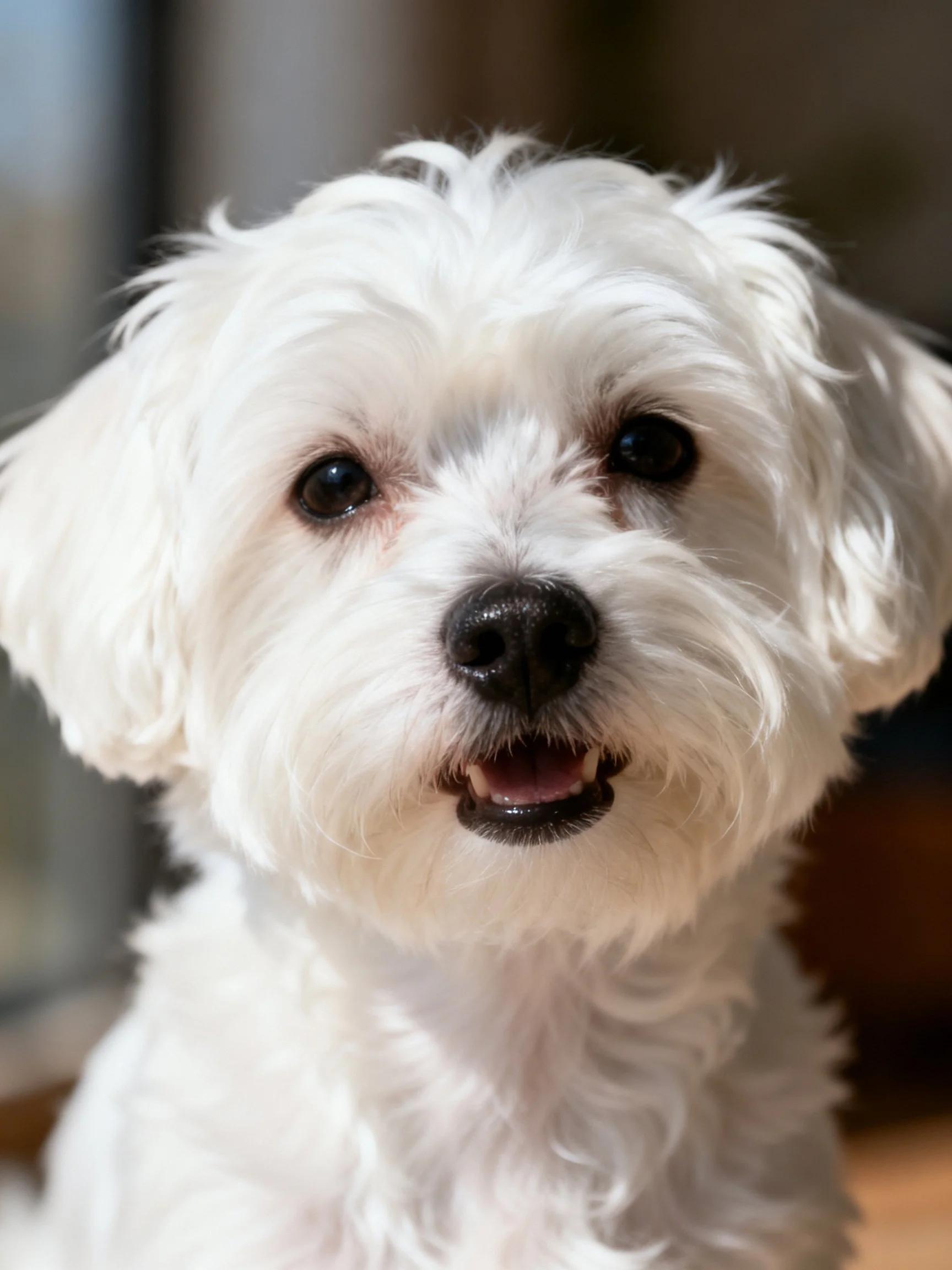 A small white dog with curly fur is photographed closely.