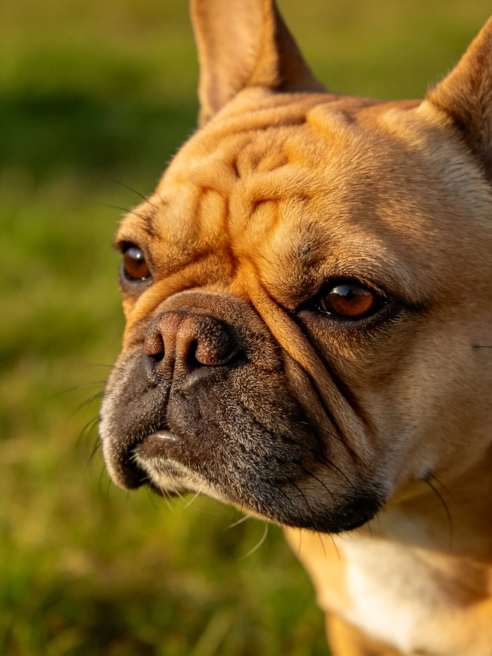 A tan French Bulldog with textured skin is shown up close outdoors.