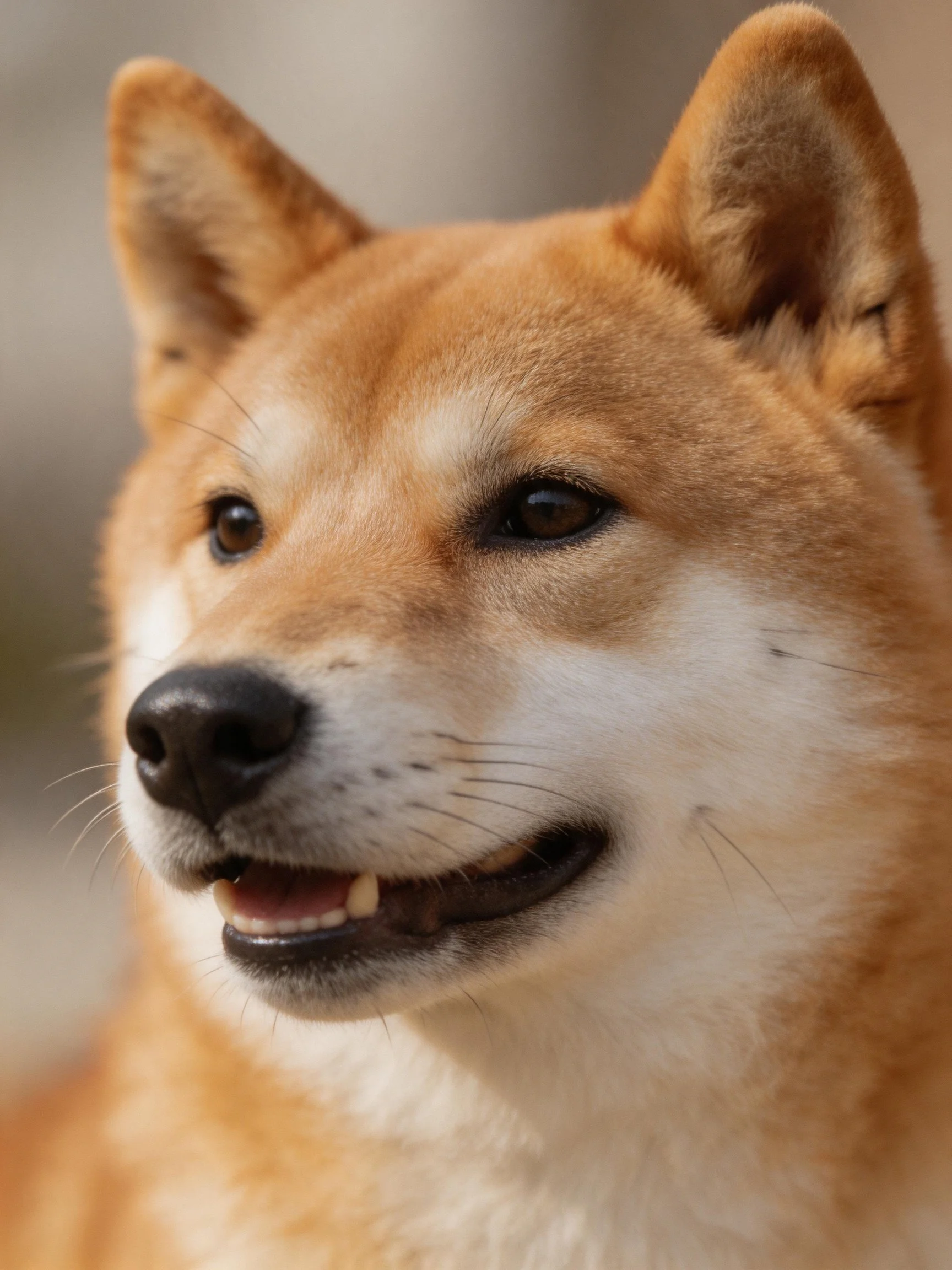 Close-up of a tan and white Shiba Inu dog with upright ears