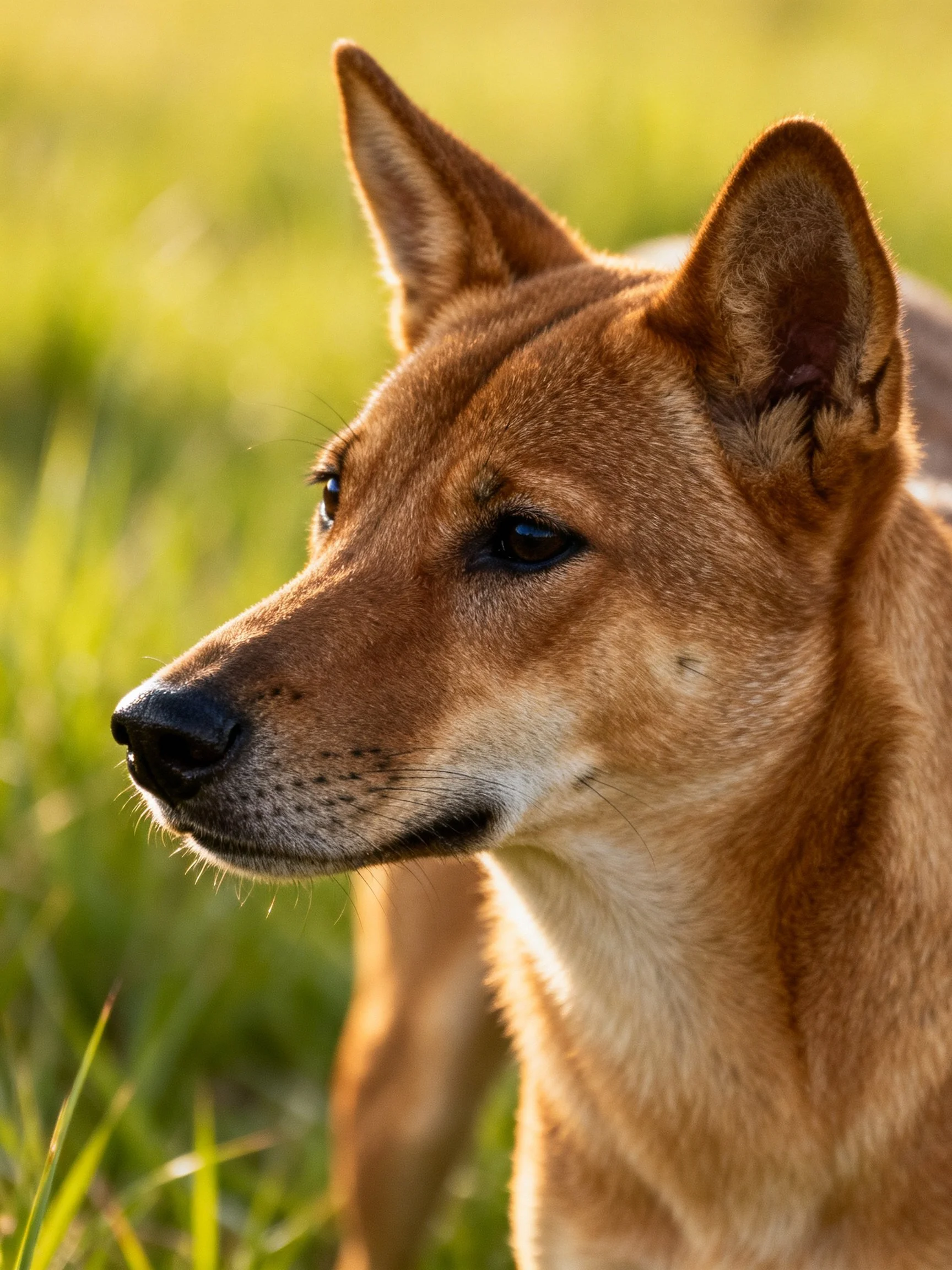 A tan wild dog stands alert in sunlit grass.