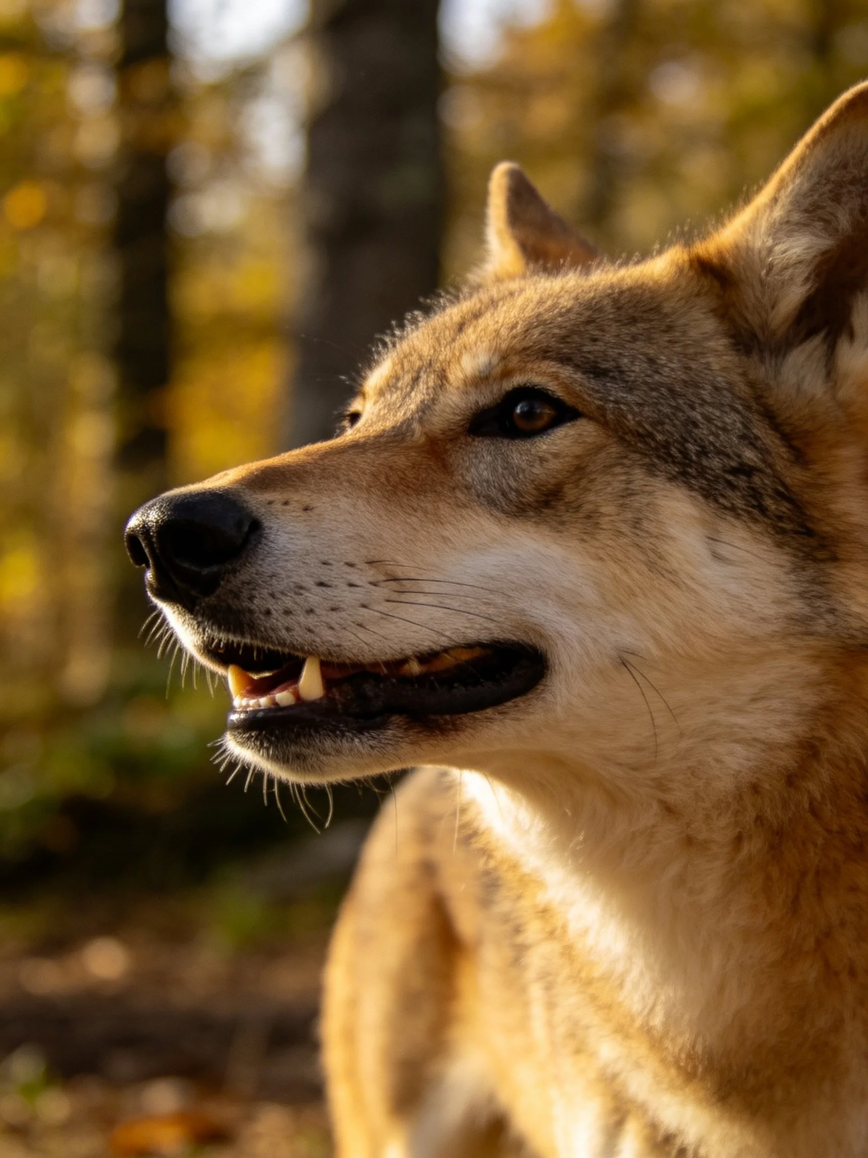 A tan wolf is shown in profile within a sunlit forest setting.
