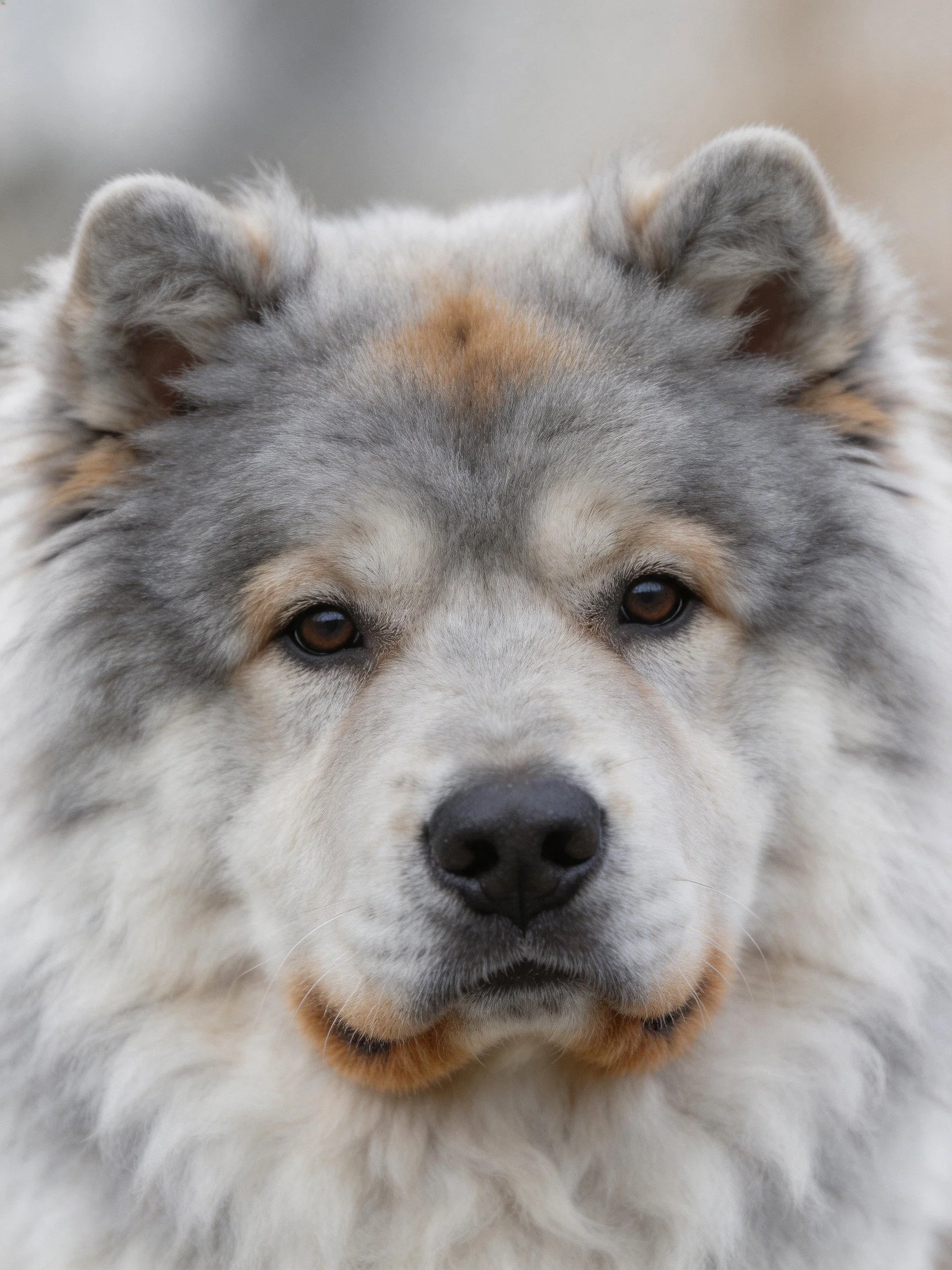Close - up of a thick-furred gray and tan dog