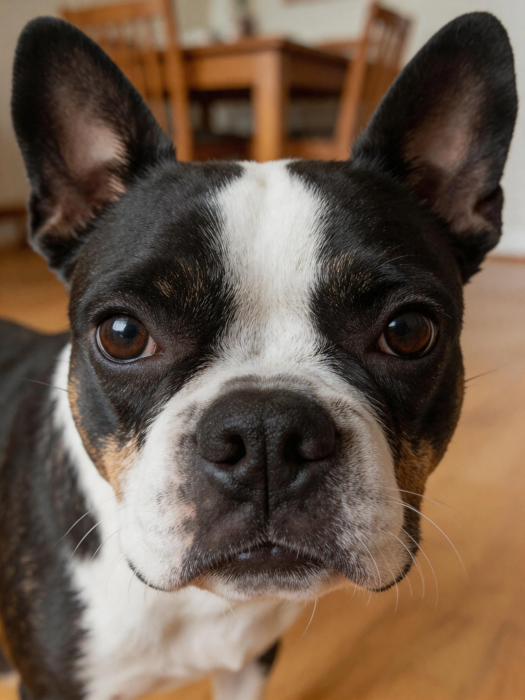 Close-up of a tri-colored Boston Terrier indoors