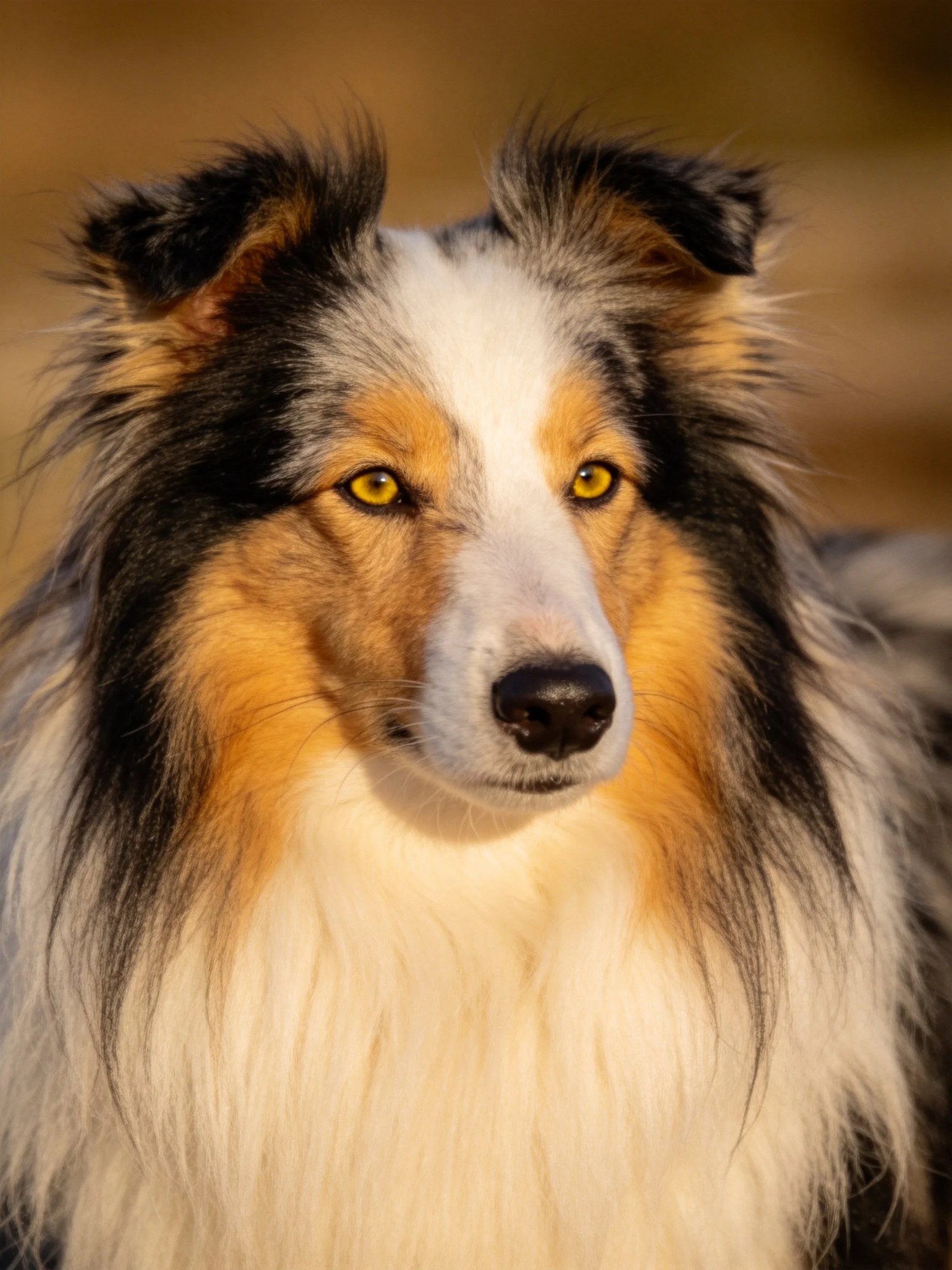 Close-up of a tricolor Shetland Sheepdog with shaggy fur