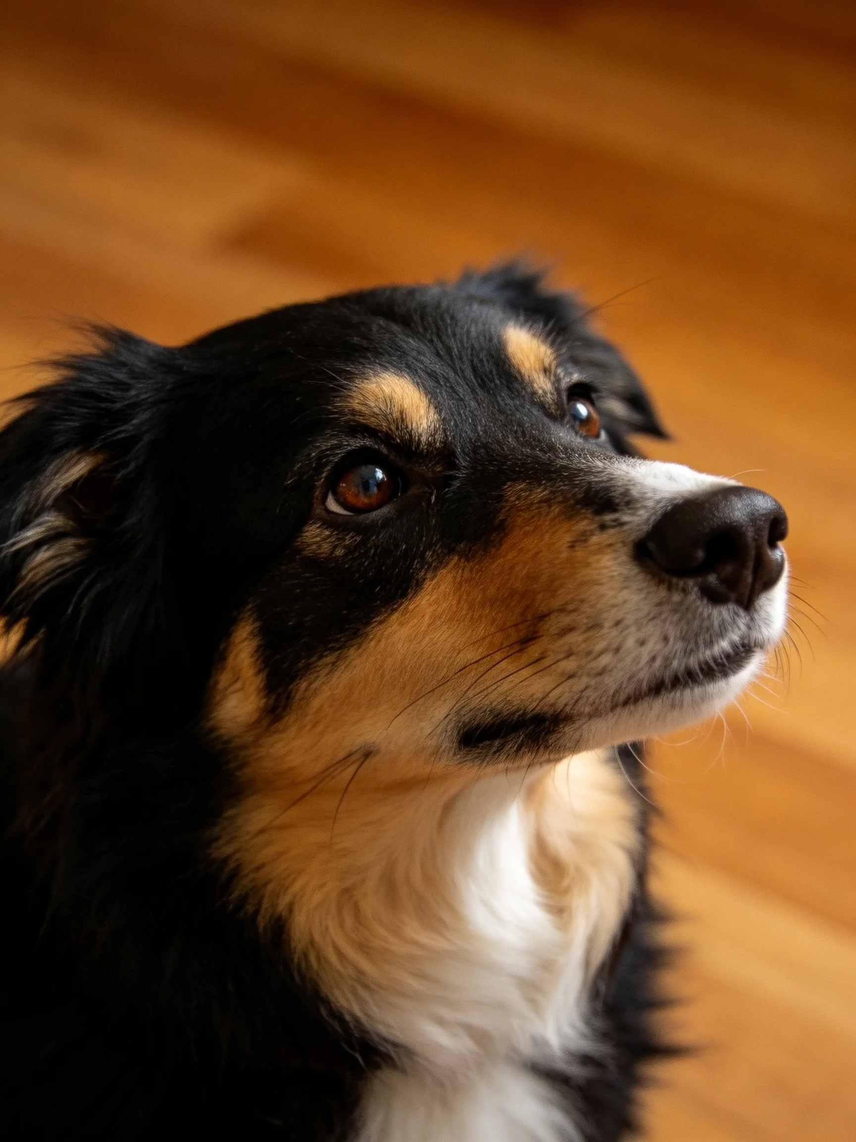Close-up of a tricolor dog with expressive eyes
