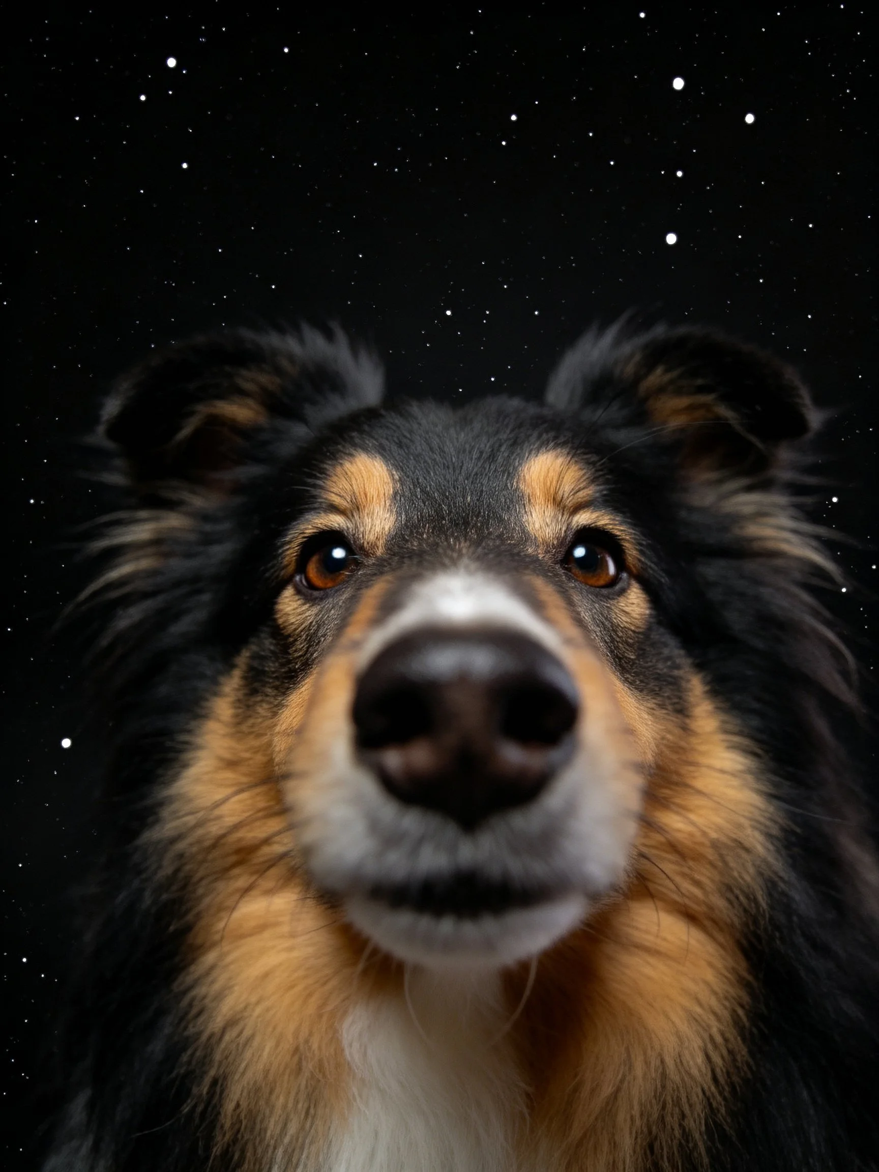 Tricolor dog gazes directly at viewer against starry night sky
