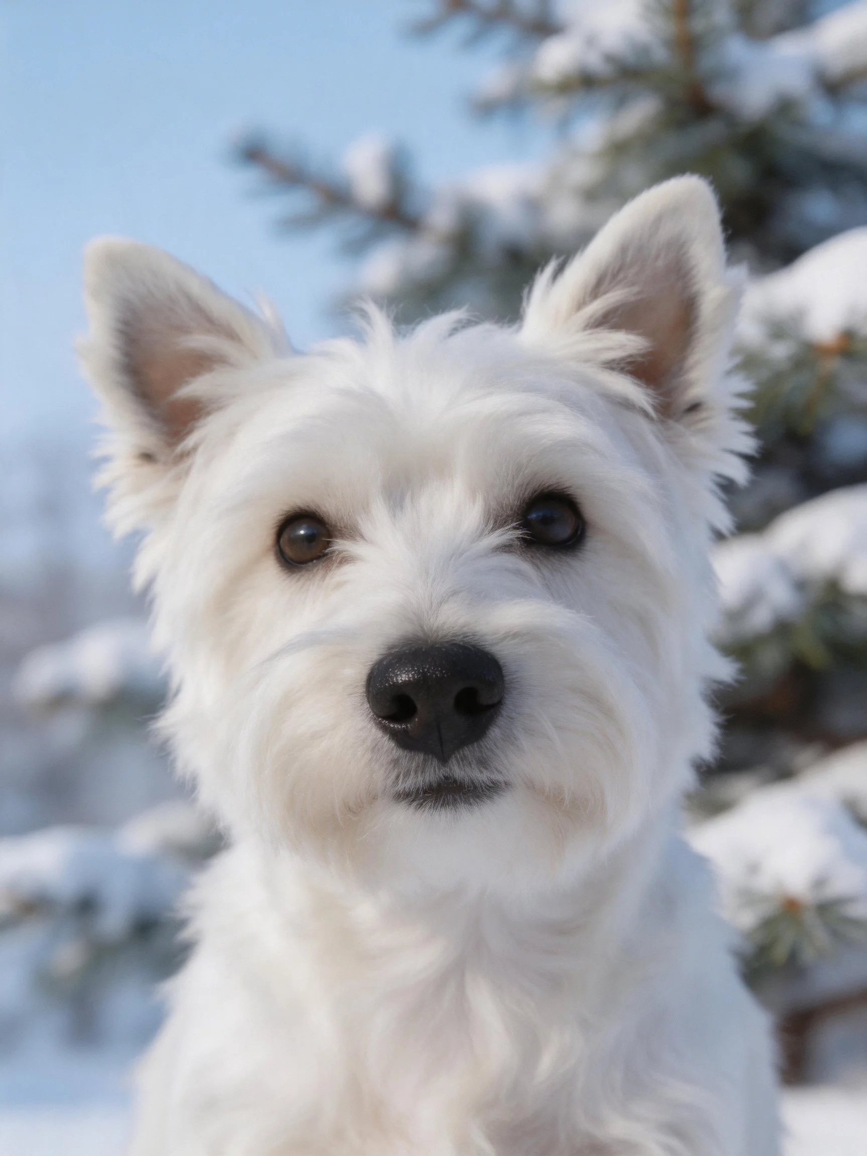 Close - up of a white Westie dog near snow - covered evergreen trees