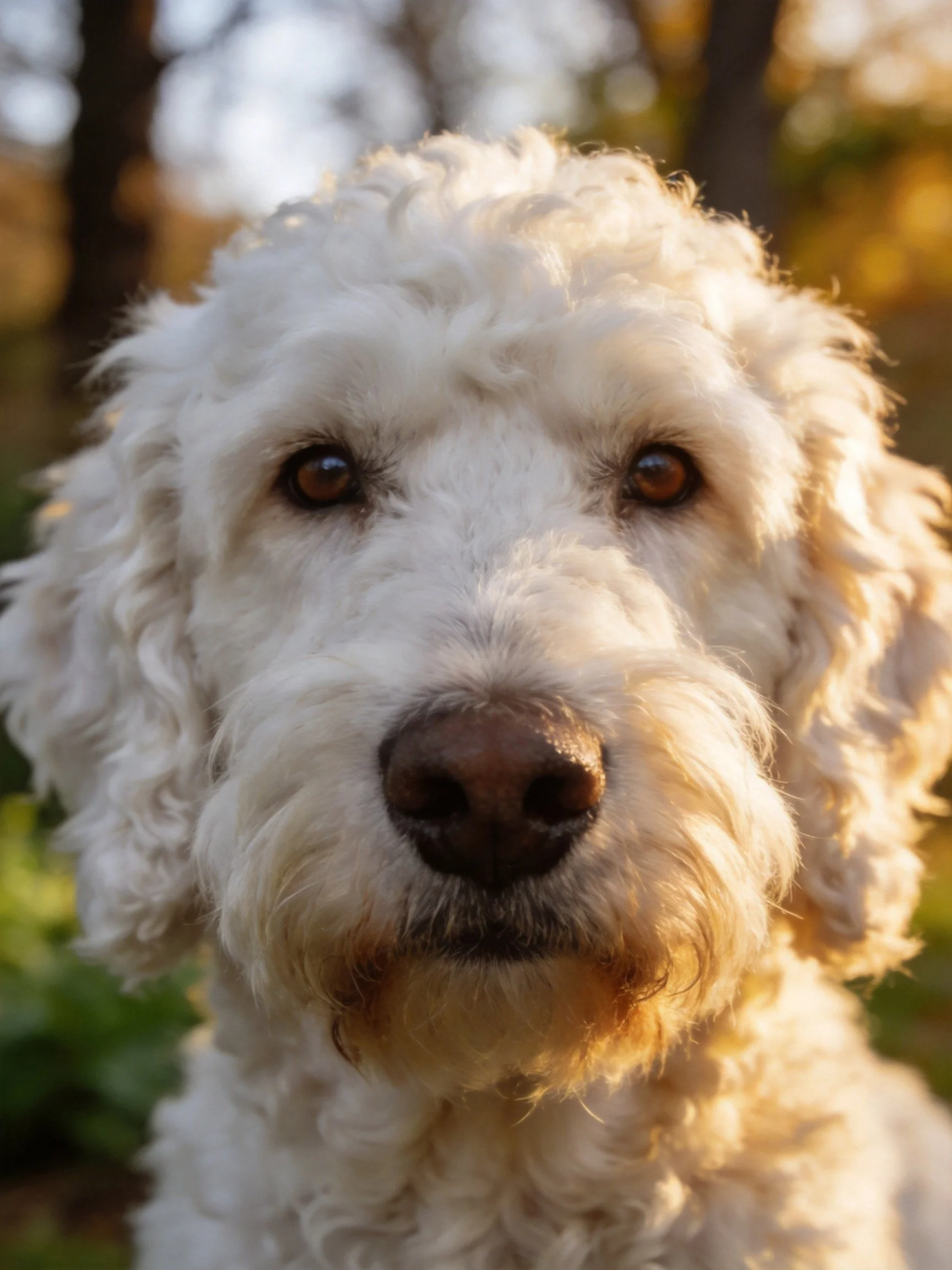 A close-up shows a white curly-haired dog with brown eyes in an outdoor environment.