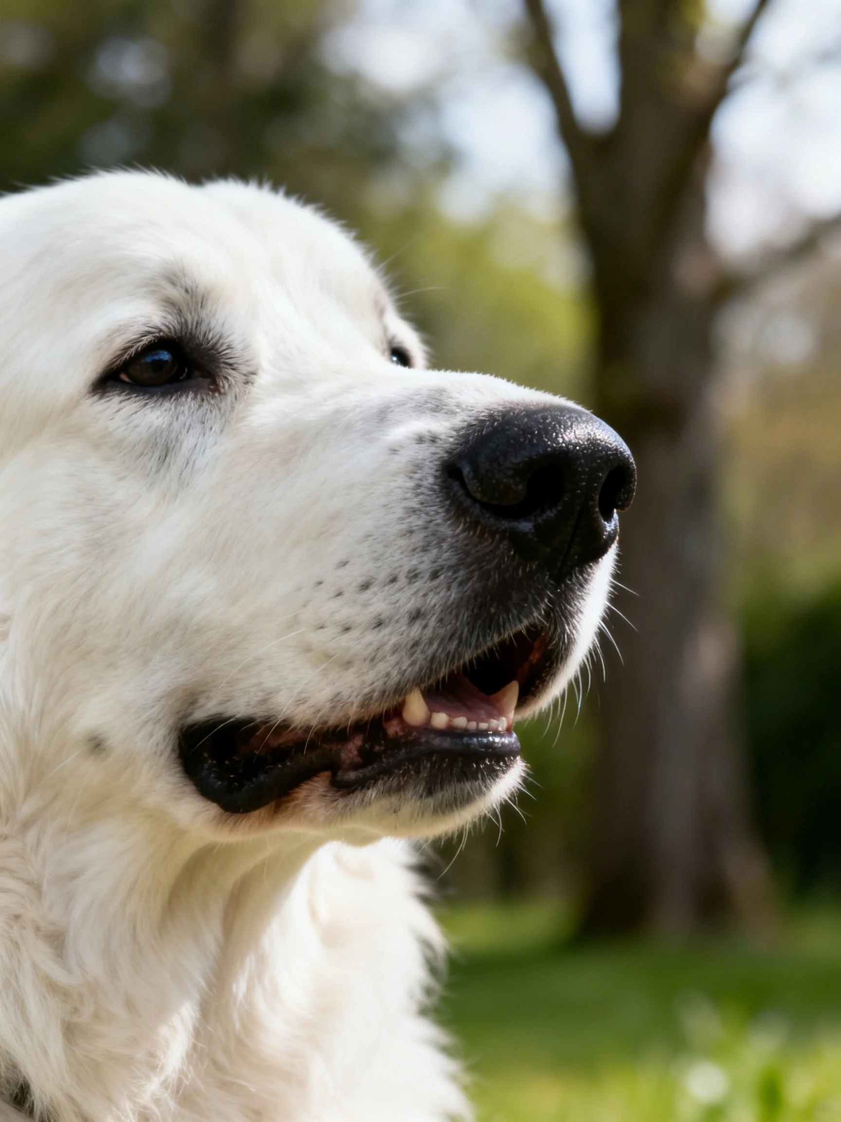 Close - up of a white dog with black nose in outdoor natural setting