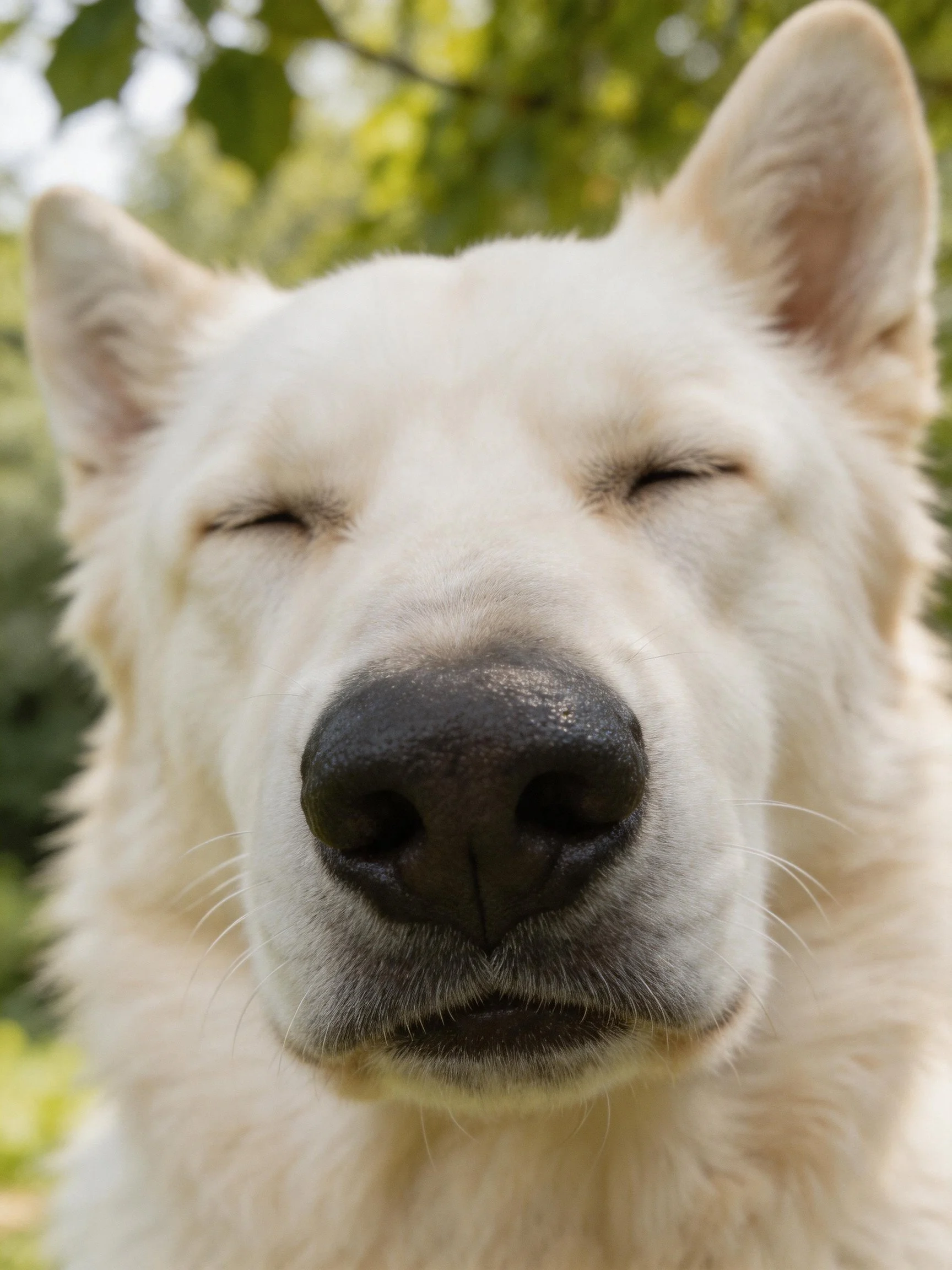 Close-up of a white dog with closed eyes in a lush outdoor setting