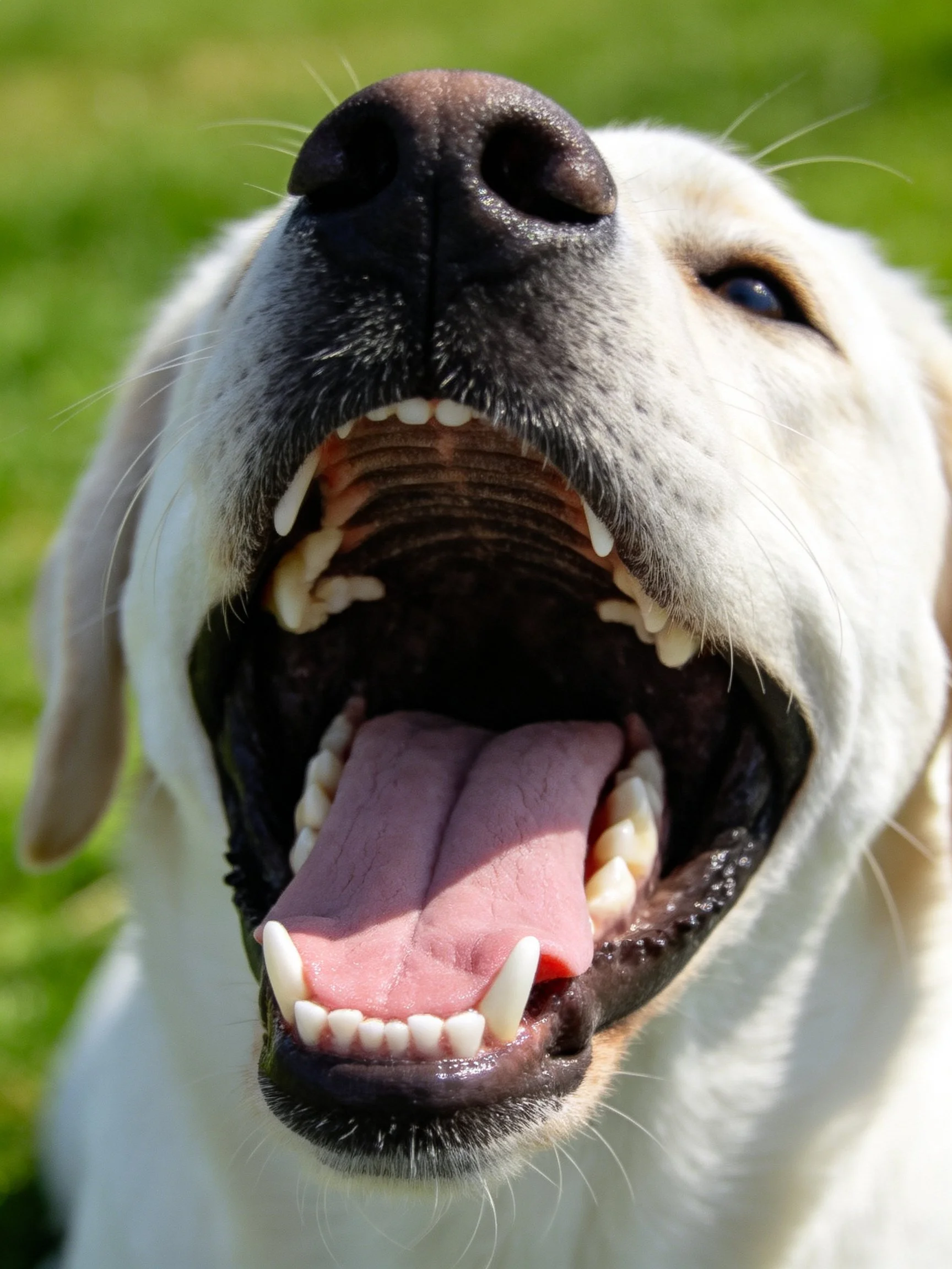 Close-up of a white dog yawning outdoors