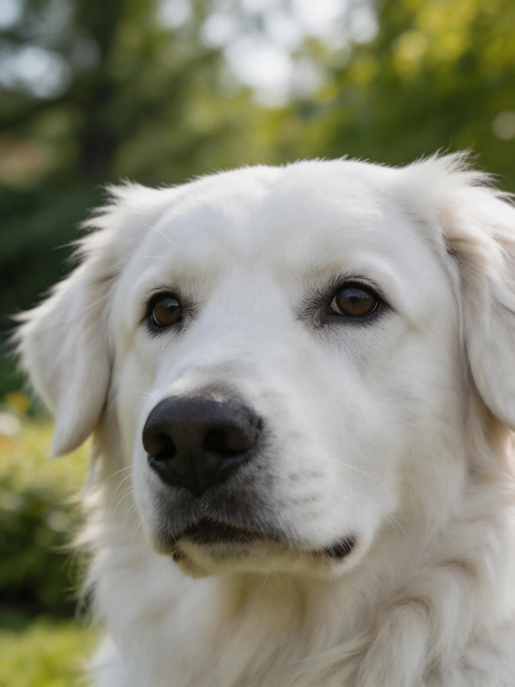 A close-up of a white fluffy dog with brown eyes in a natural outdoor environment.