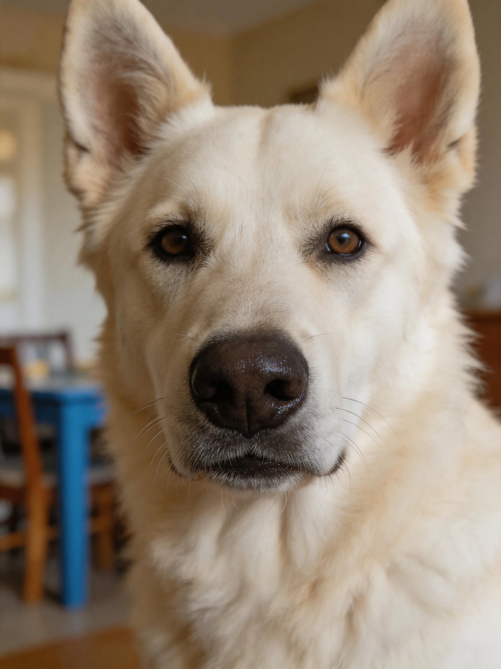 A white-furred dog with brown eyes is photographed up close in a home interior.