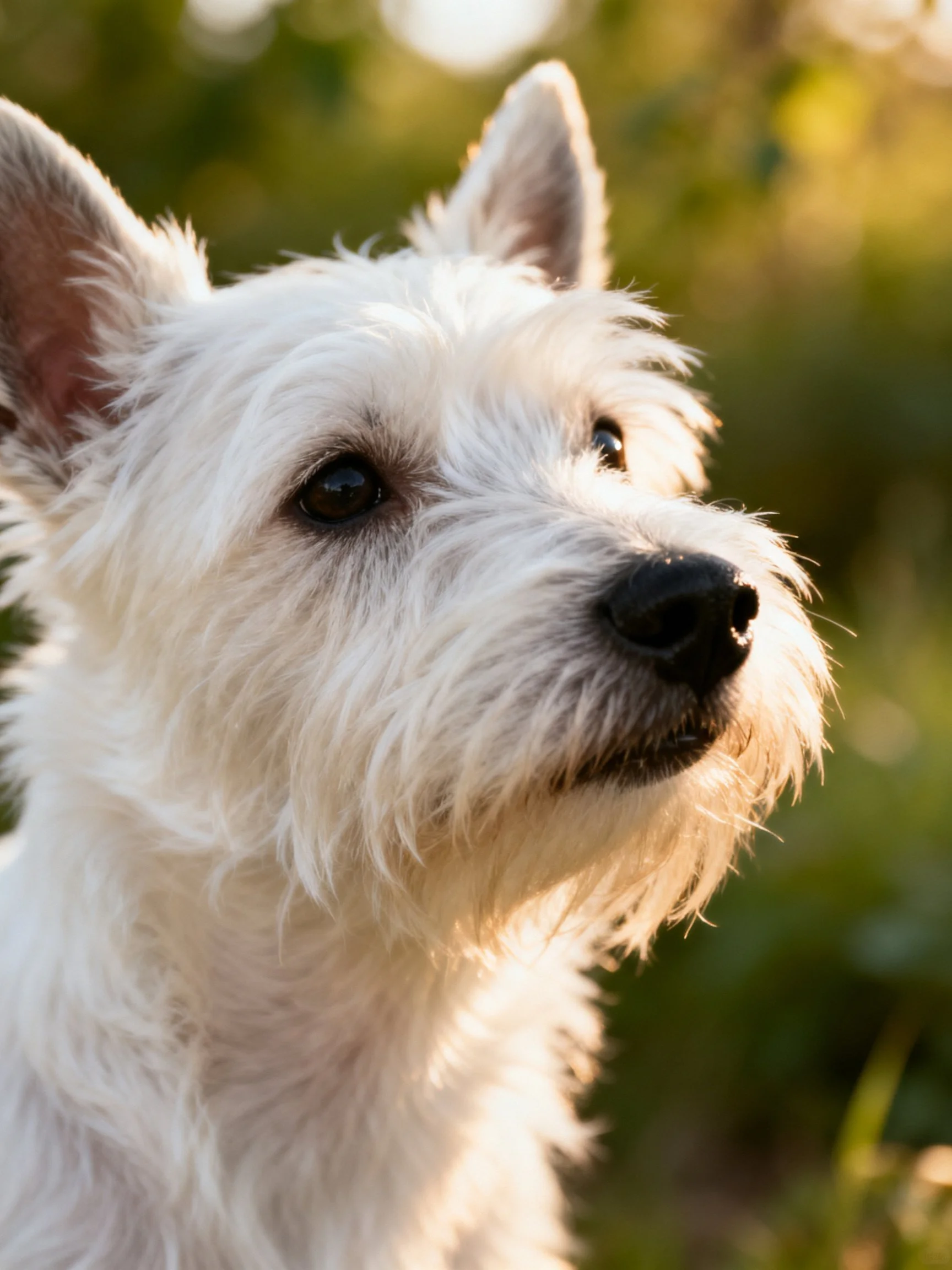 Close-up of a white terrier with shaggy fur and pointed ears