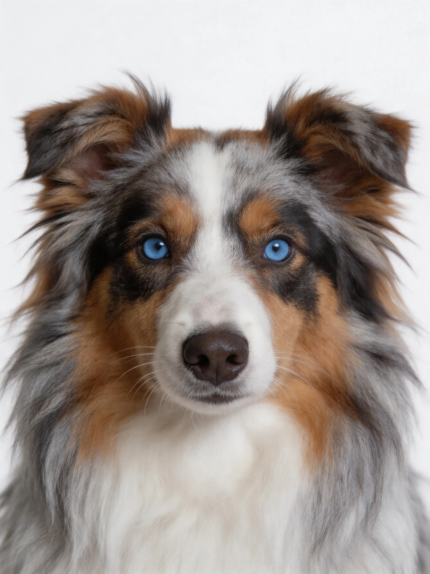 A close - up portrait of an Australian Shepherd featuring blue eyes and diverse fur hues.