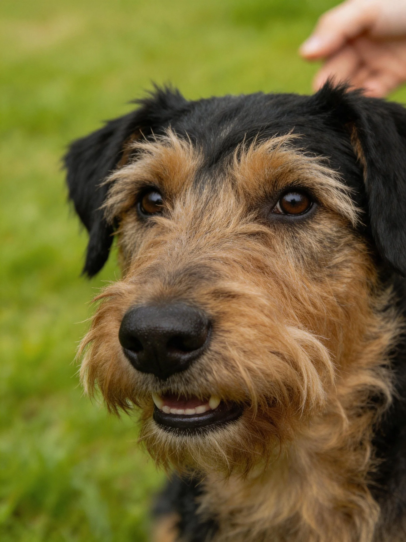 Close-up of an airedale terrier with black and tan fur