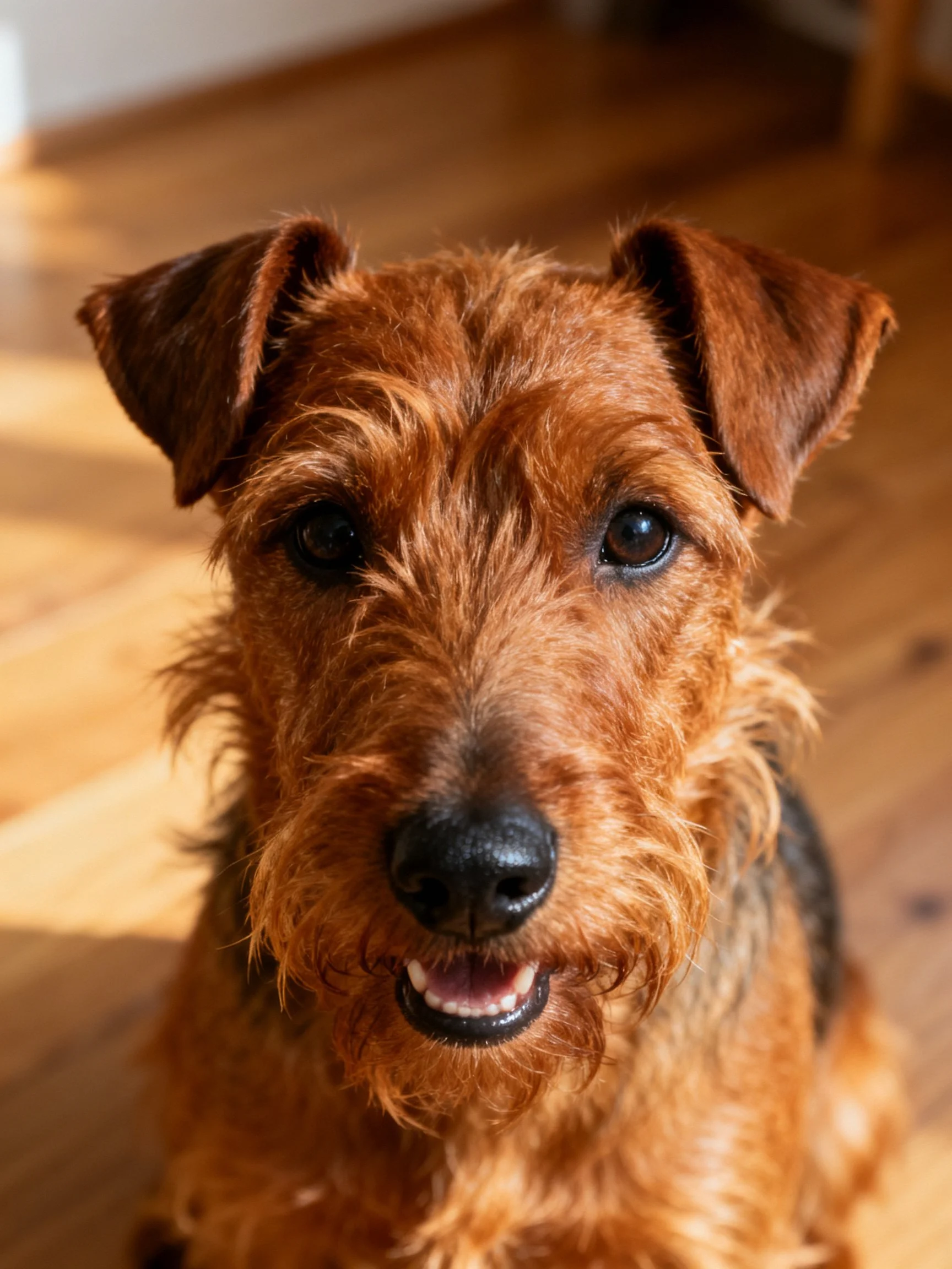 Close-up of an airedale terrier with reddish-brown shaggy fur
