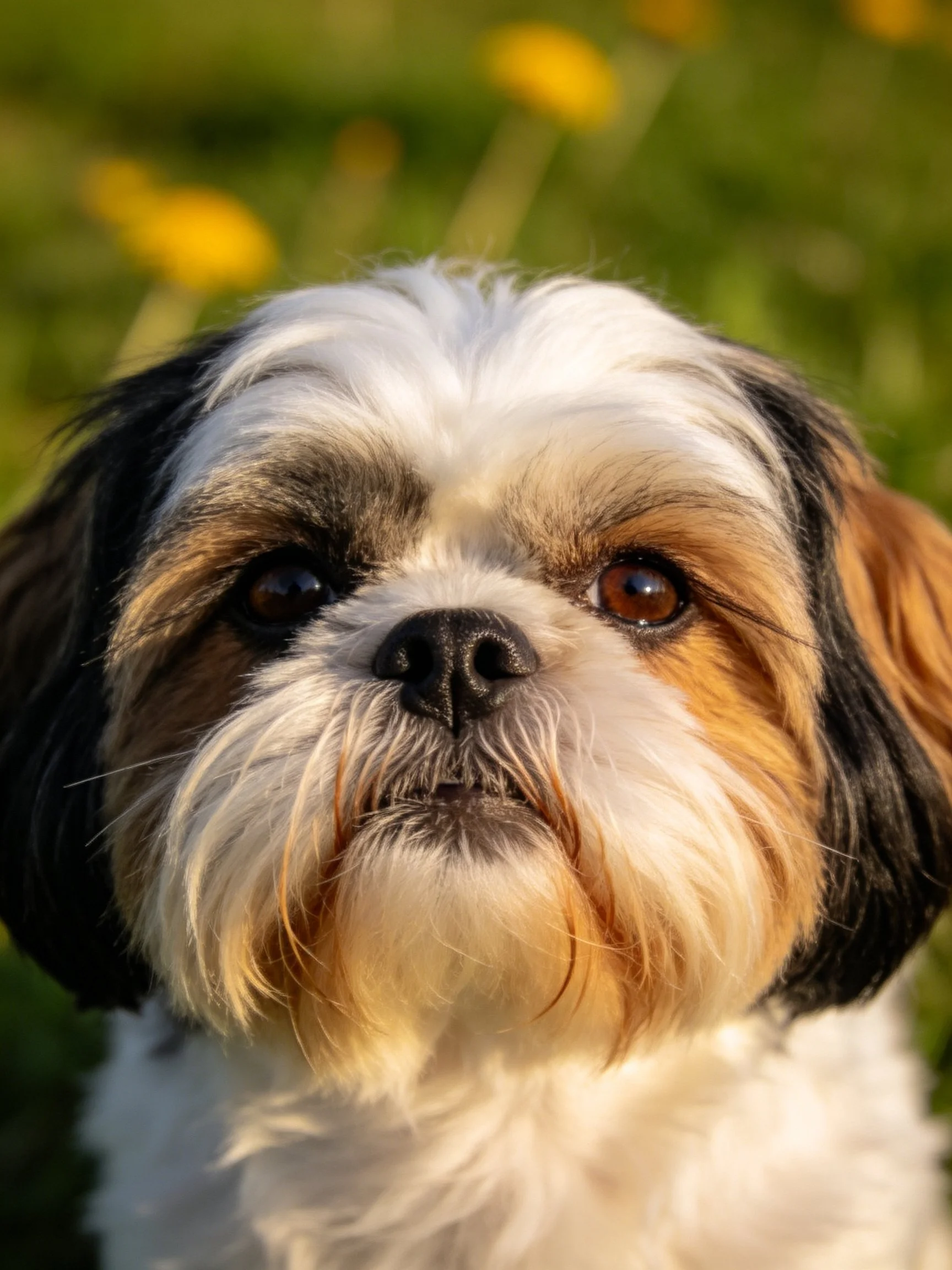 Close-up of a tricolor Shih Tzu staring directly at the camera with a green floral background.