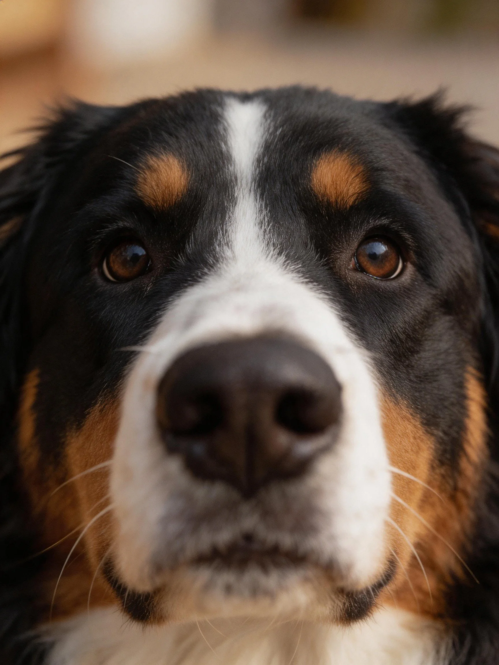 Close - up portrait of a Bernese Mountain Dog with black, white, and tan fur