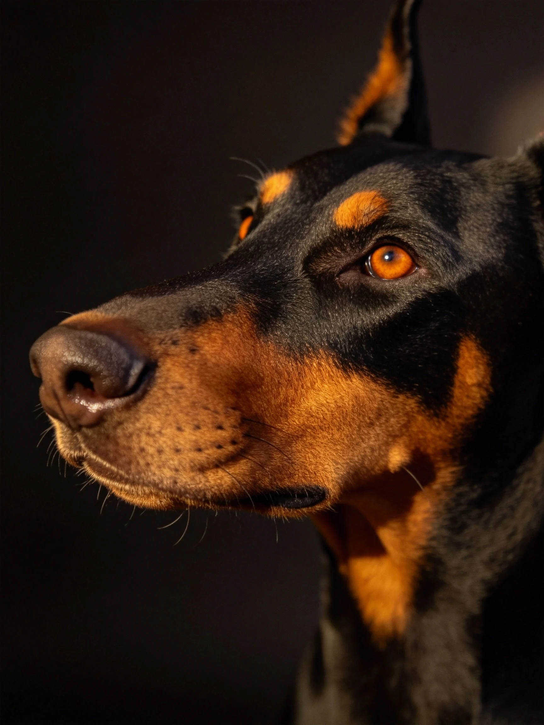 Close-up portrait of a Doberman Pinscher with black and tan coat