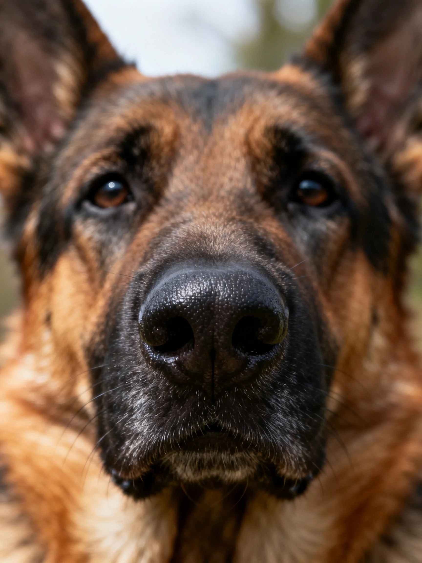 Close-up portrait of a German Shepherd with brown and black fur