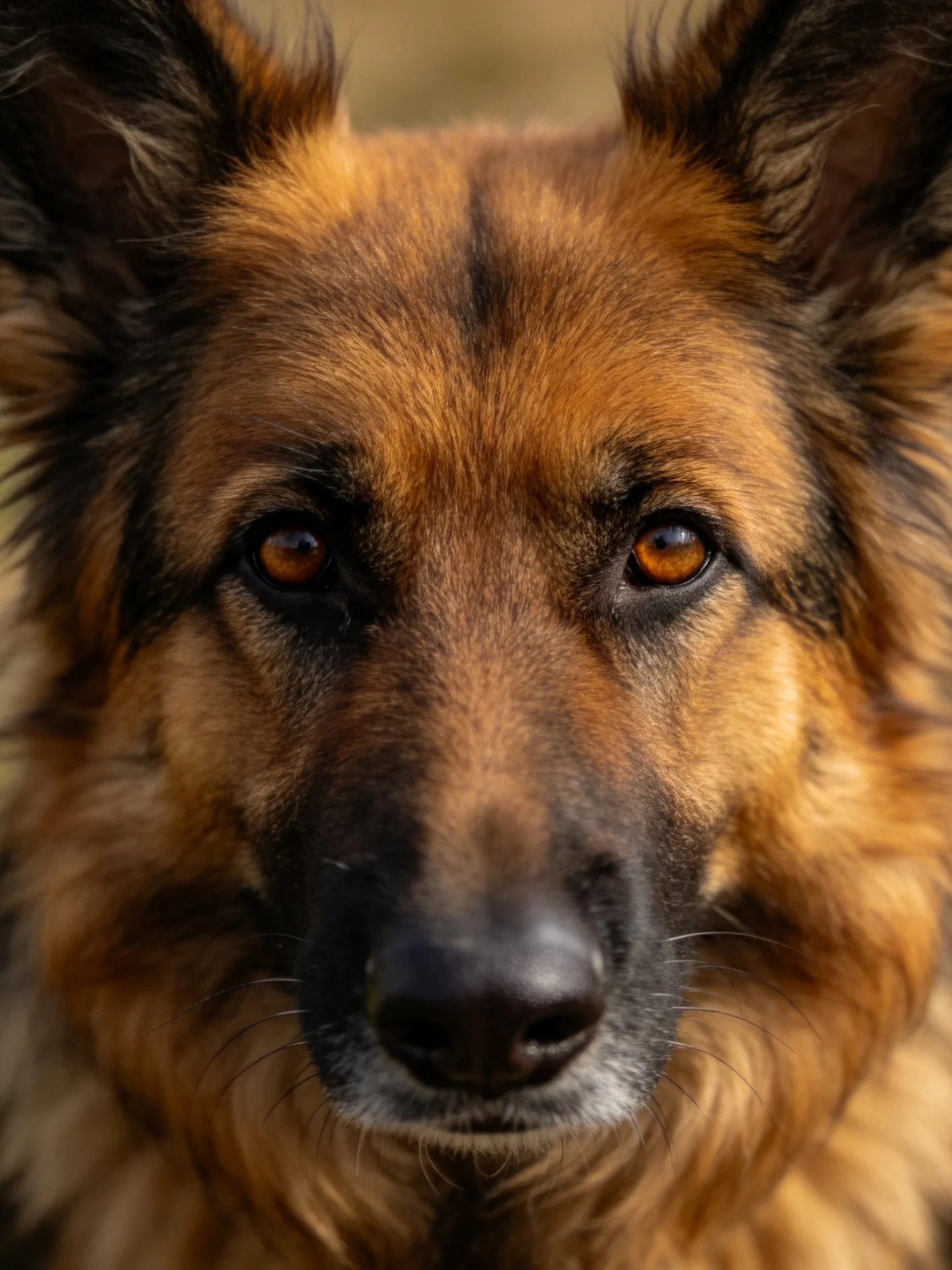 Close-up portrait of a German Shepherd with rich brown and black fur