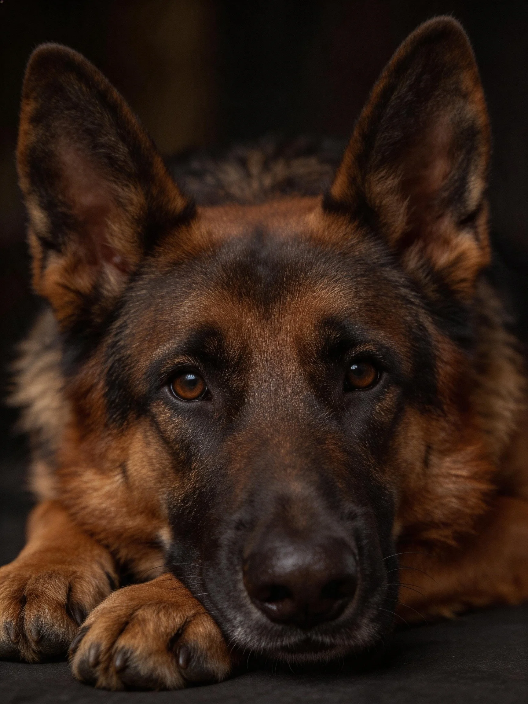 A German Shepherd rests closely, highlighting its distinctive coat colors and features.