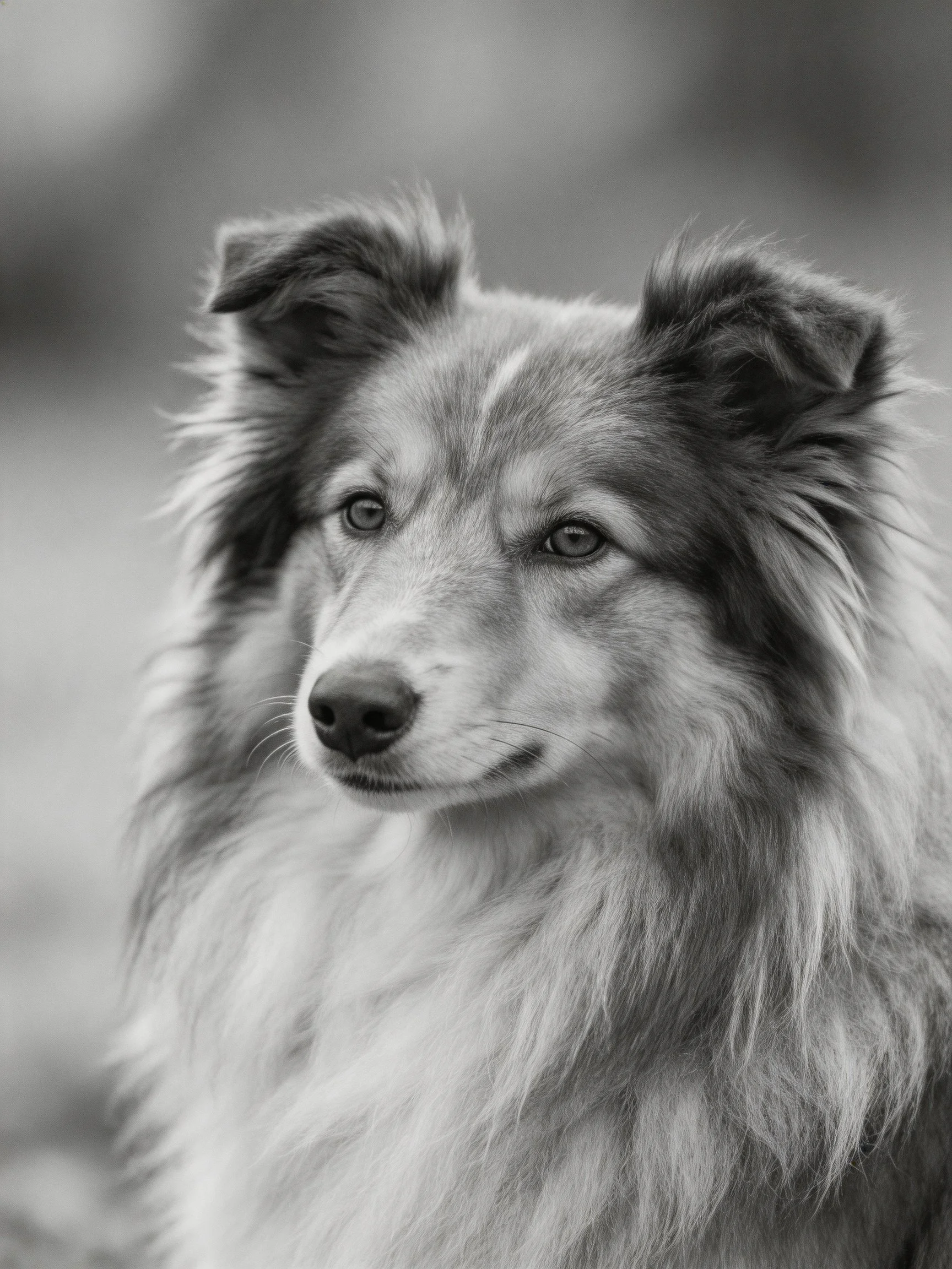 Close-up portrait of a Shetland Sheepdog in black and white