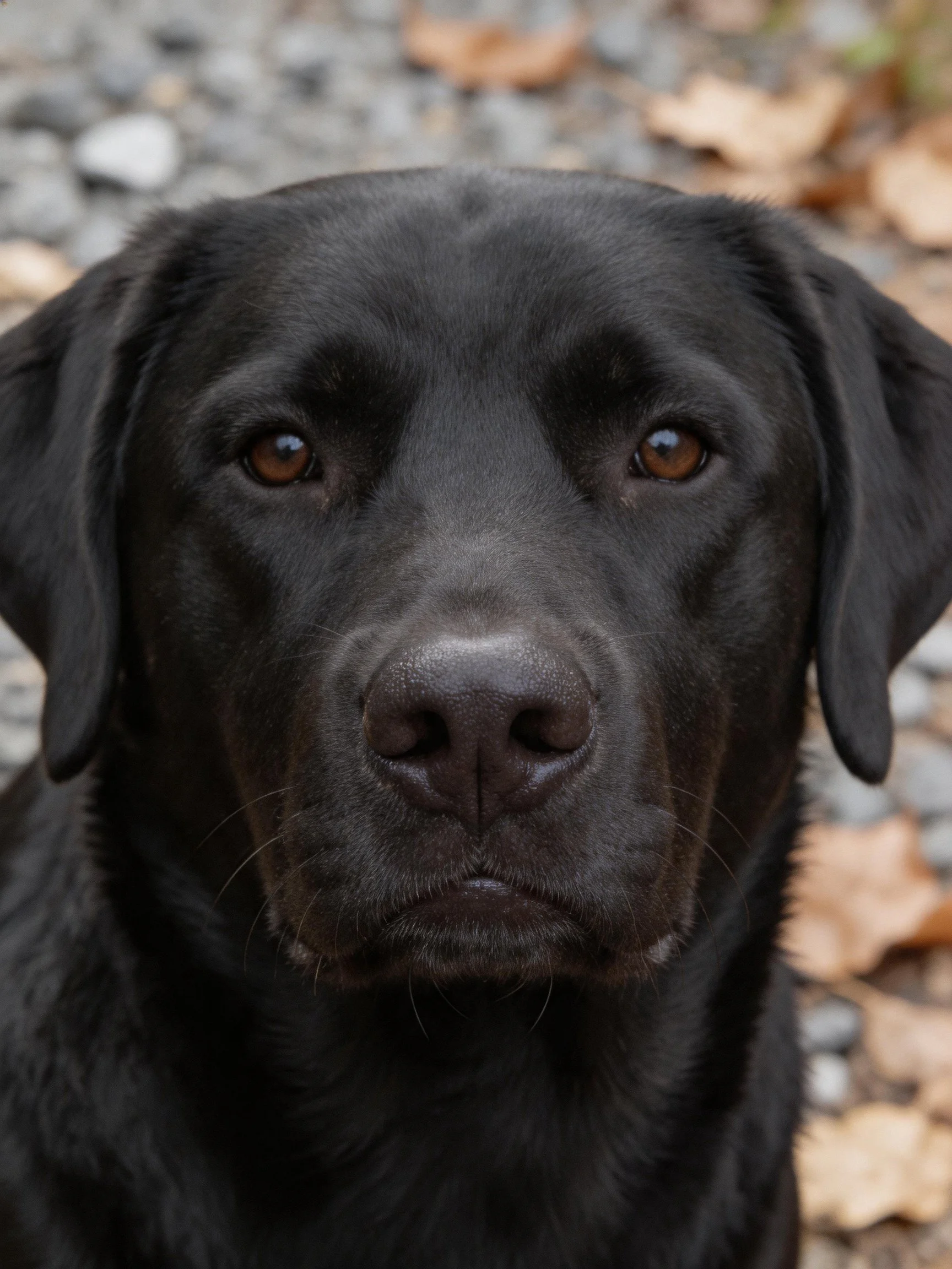 A black Labrador Retriever stares directly at the camera amidst gravel and autumn leaves.