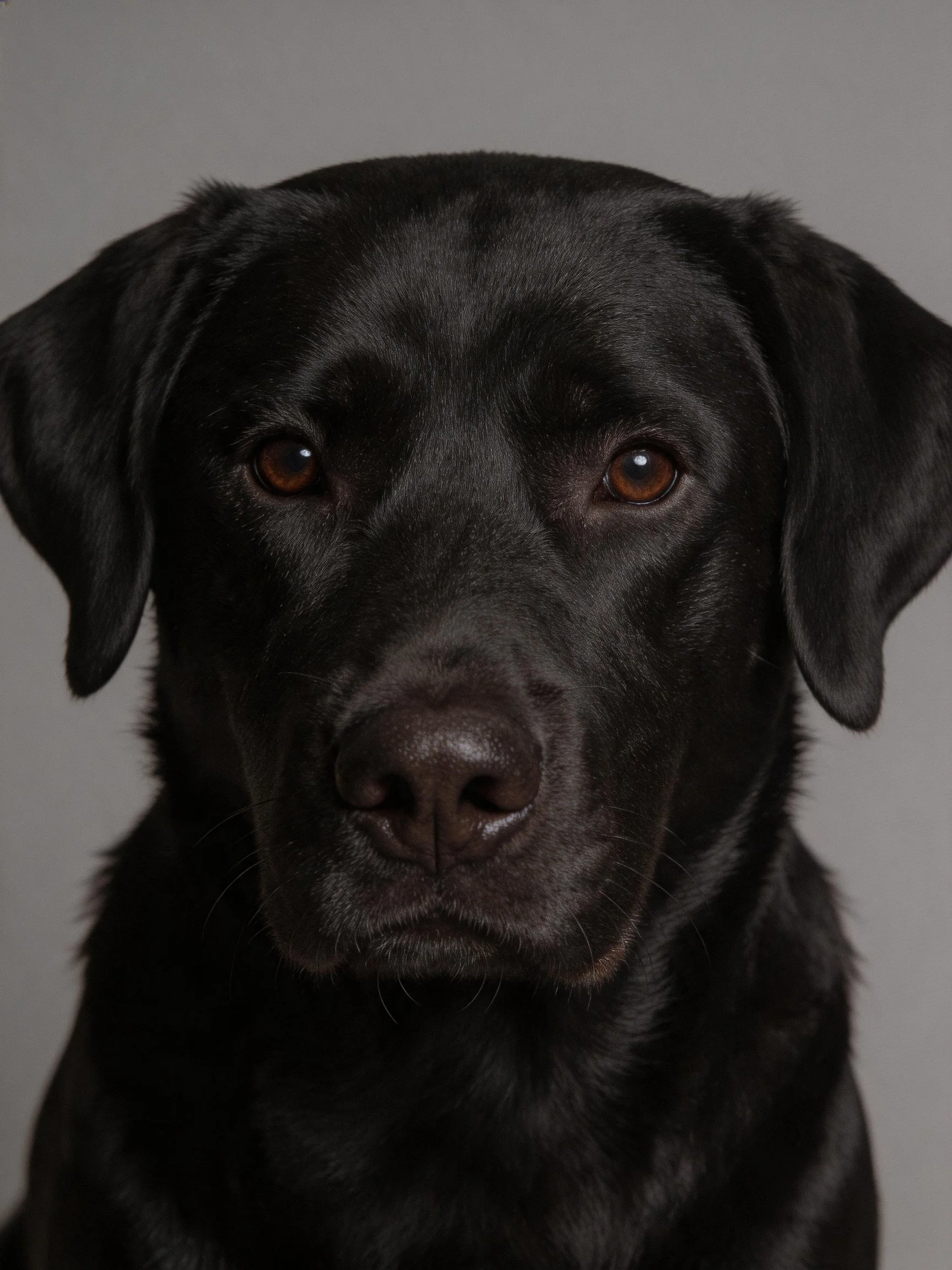 A close-up portrait displays a black Labrador Retriever with expressive brown eyes.