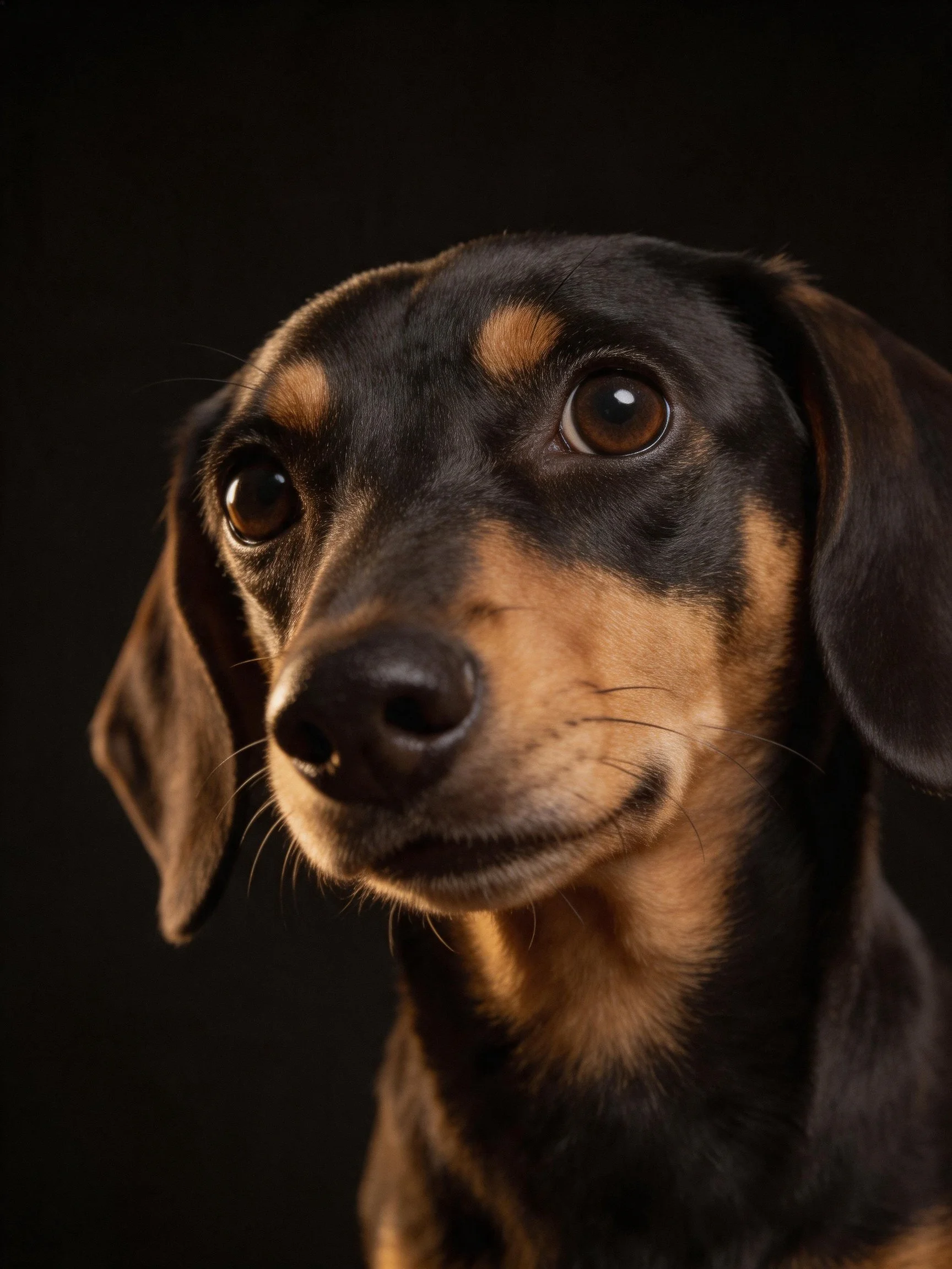 Close-up portrait of a black and tan dachshundwith expressive eyes