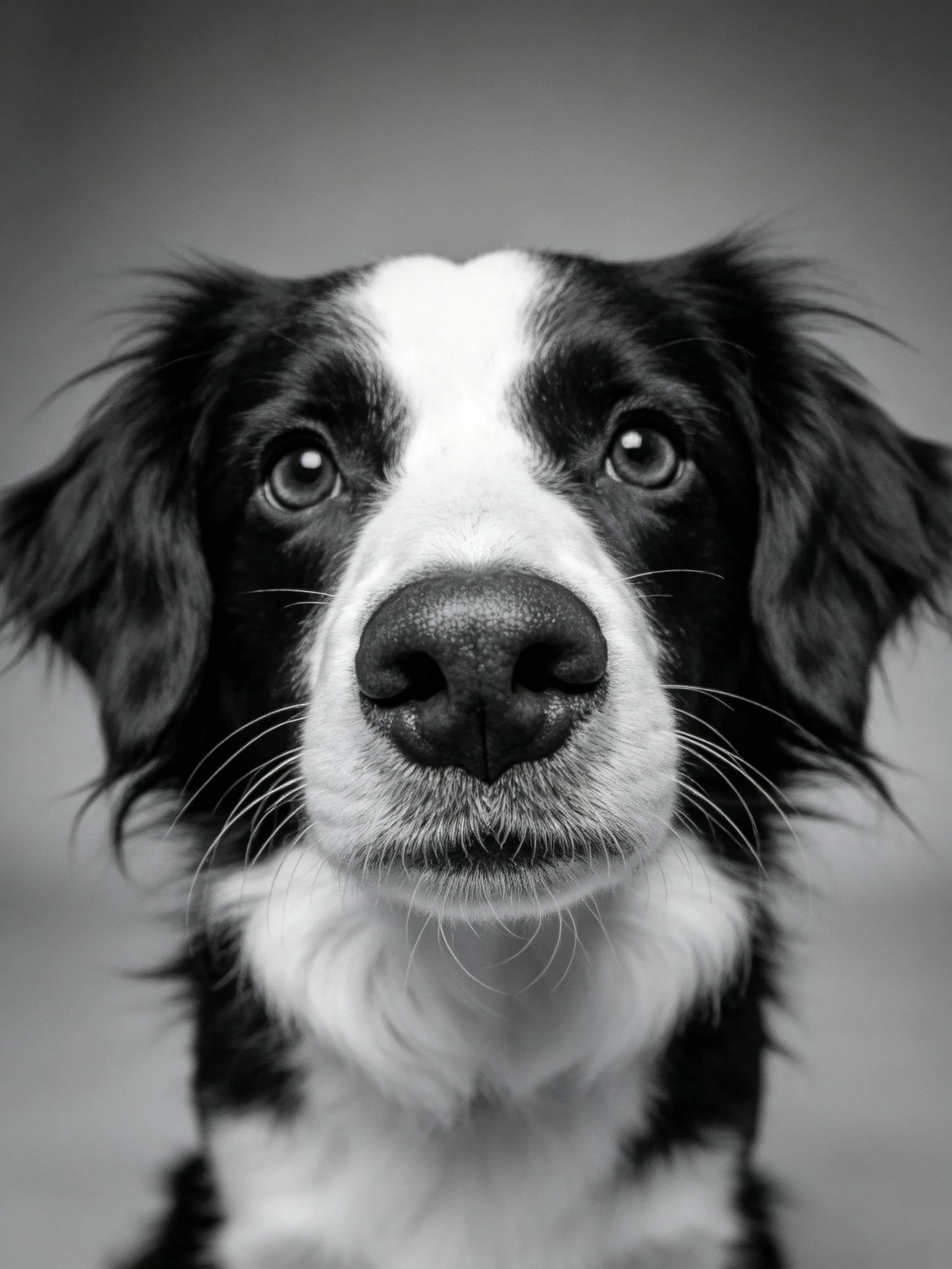 A black and white dog gazes directly at the camera with bright eyes