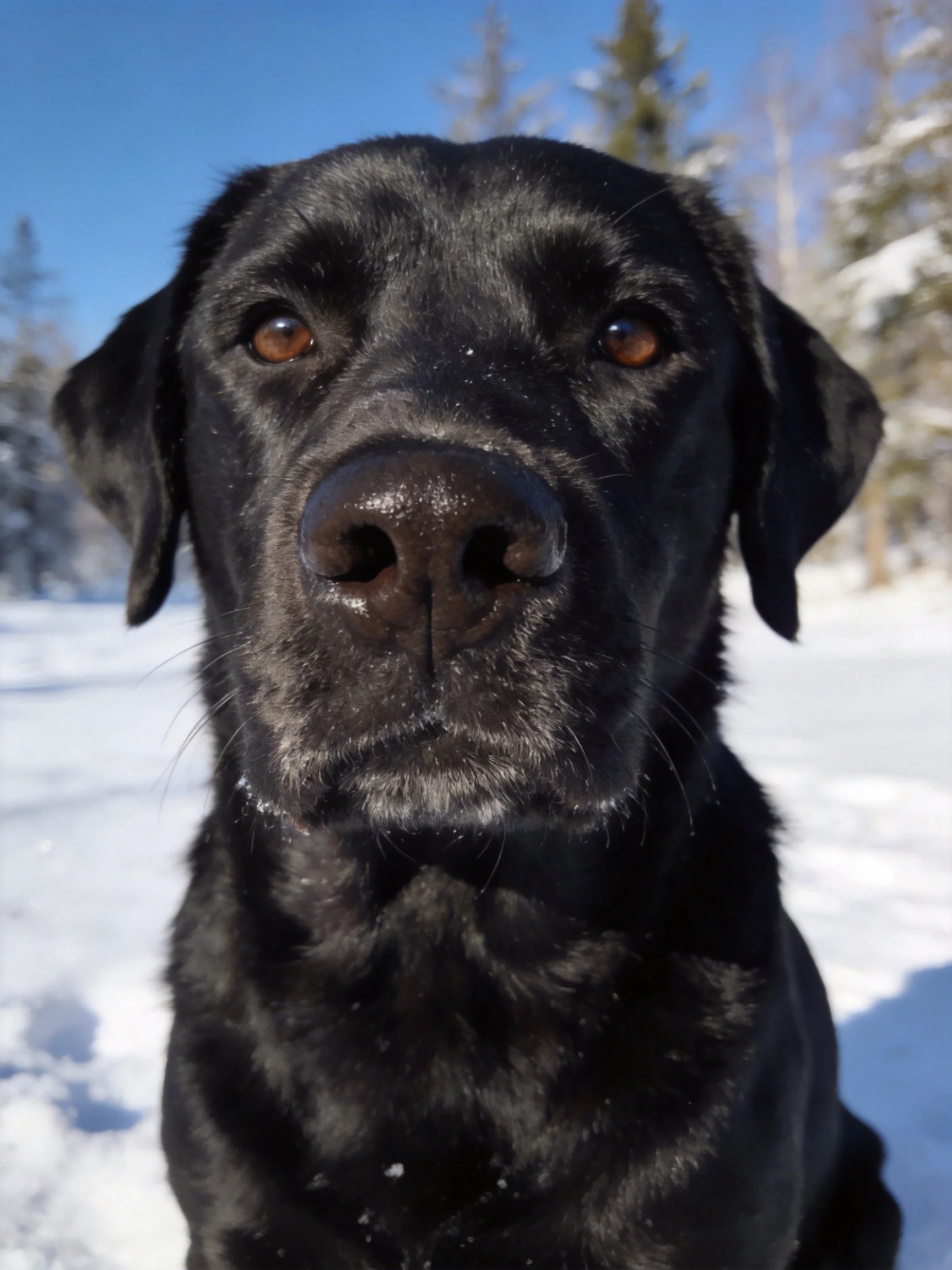 A black dog is photographed up close in a snowy outdoor setting with trees.