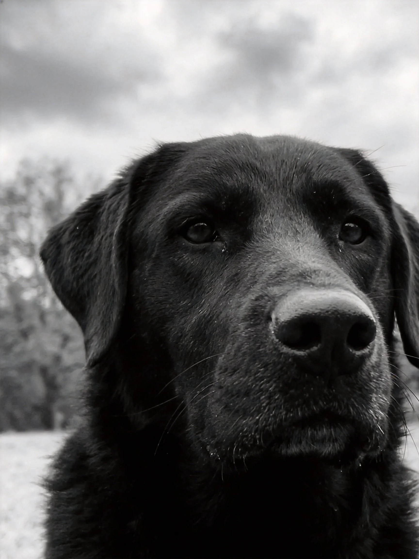 A black dog gazes solemnly in a monochrome outdoor setting.