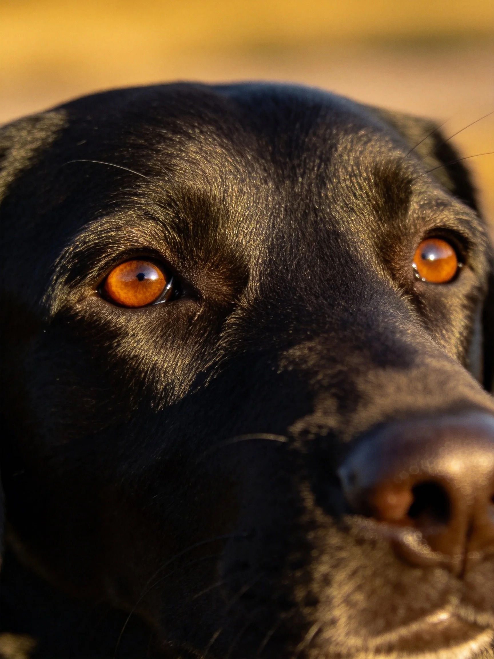 A-up portrait highlights a black dog with amber eyes.