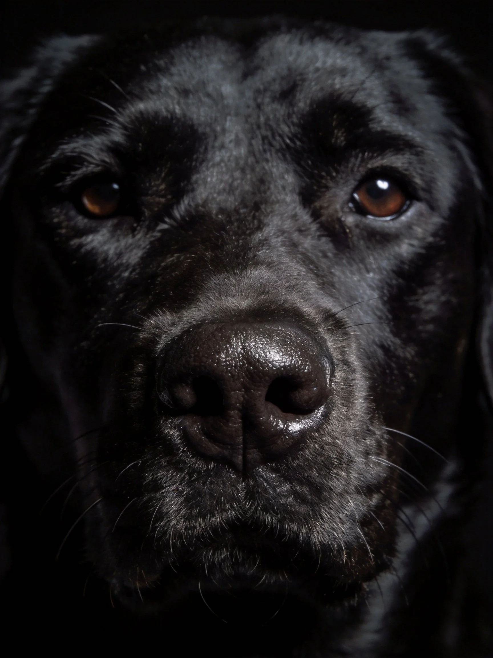 A close - up reveals a black dog’s face with amber eyes set against darkness.