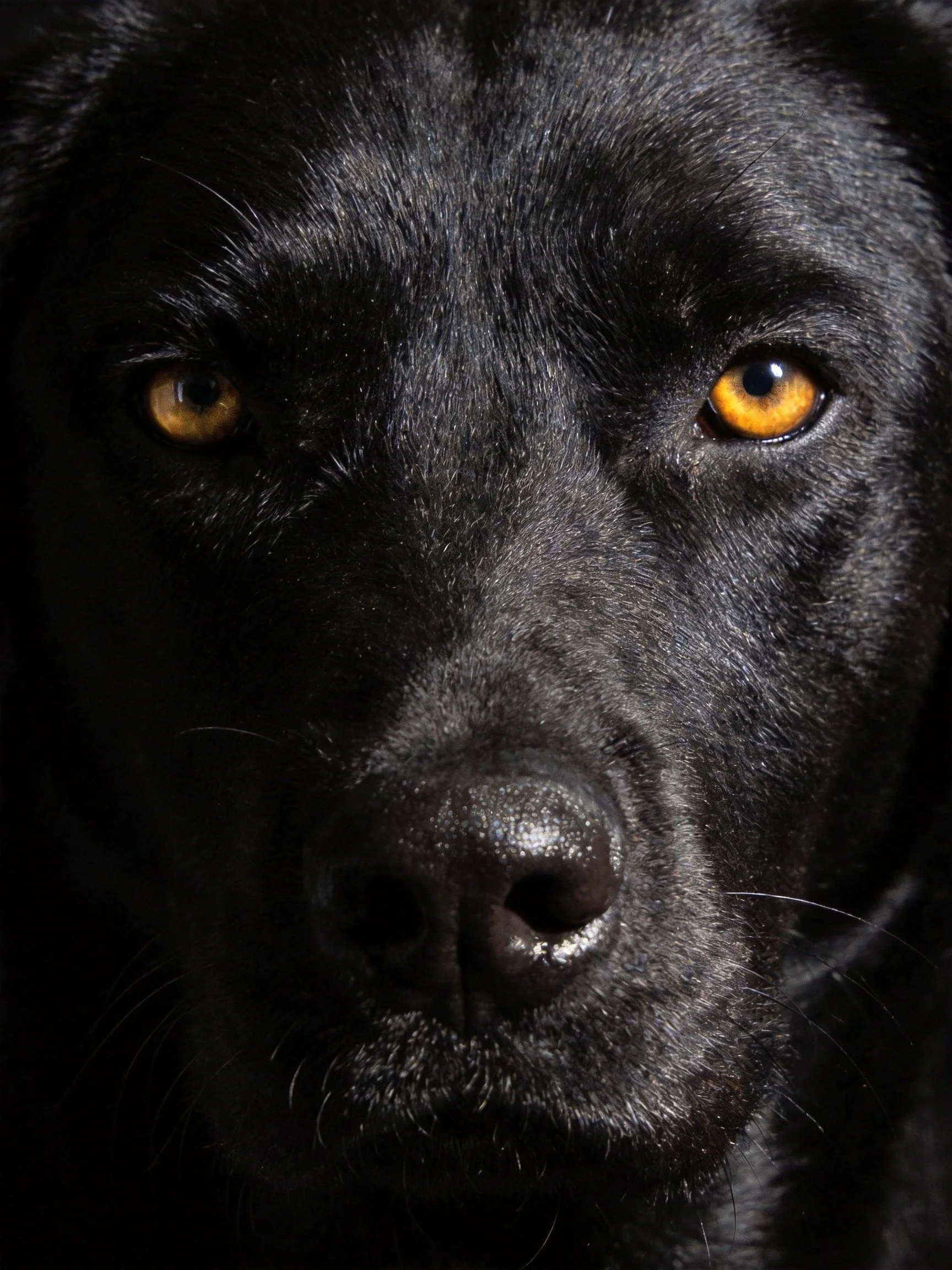 A close - up highlights a black dog with deep amber eyes.
