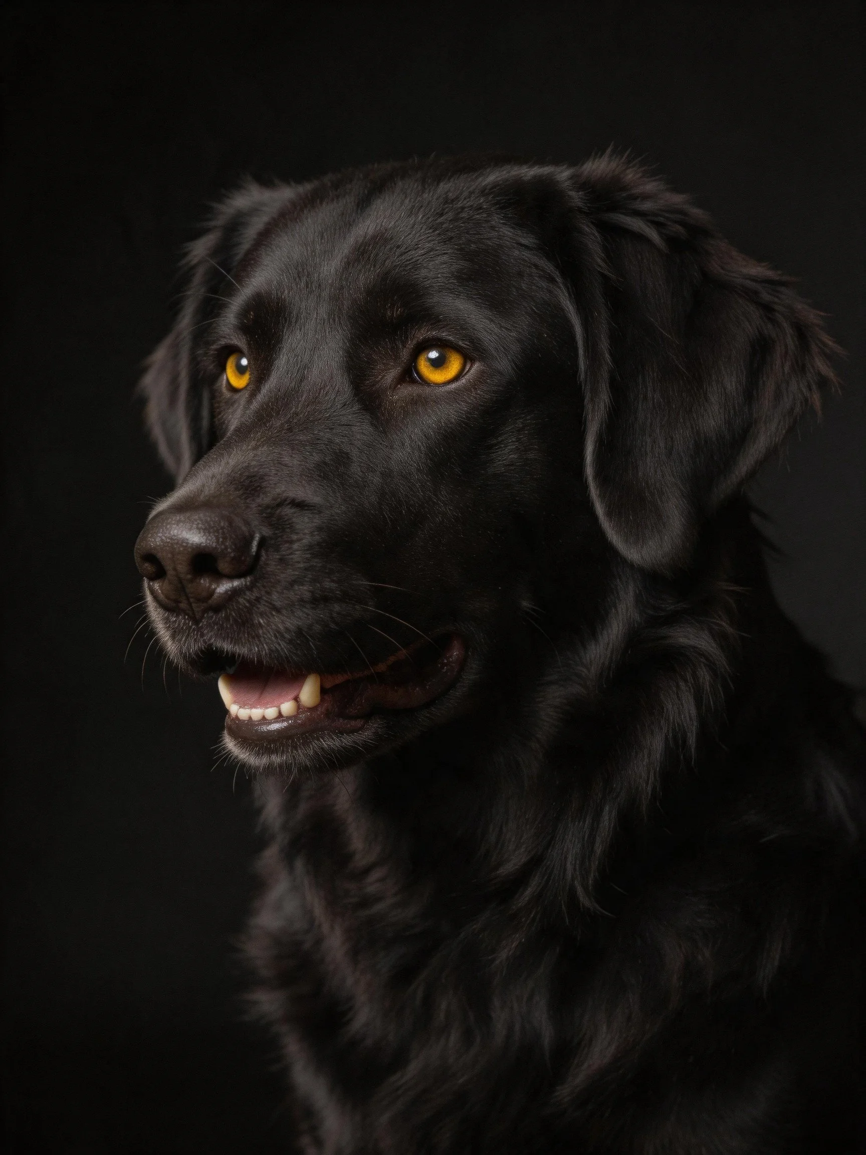 Close - up portrait of a black dog with golden eyes on dark background