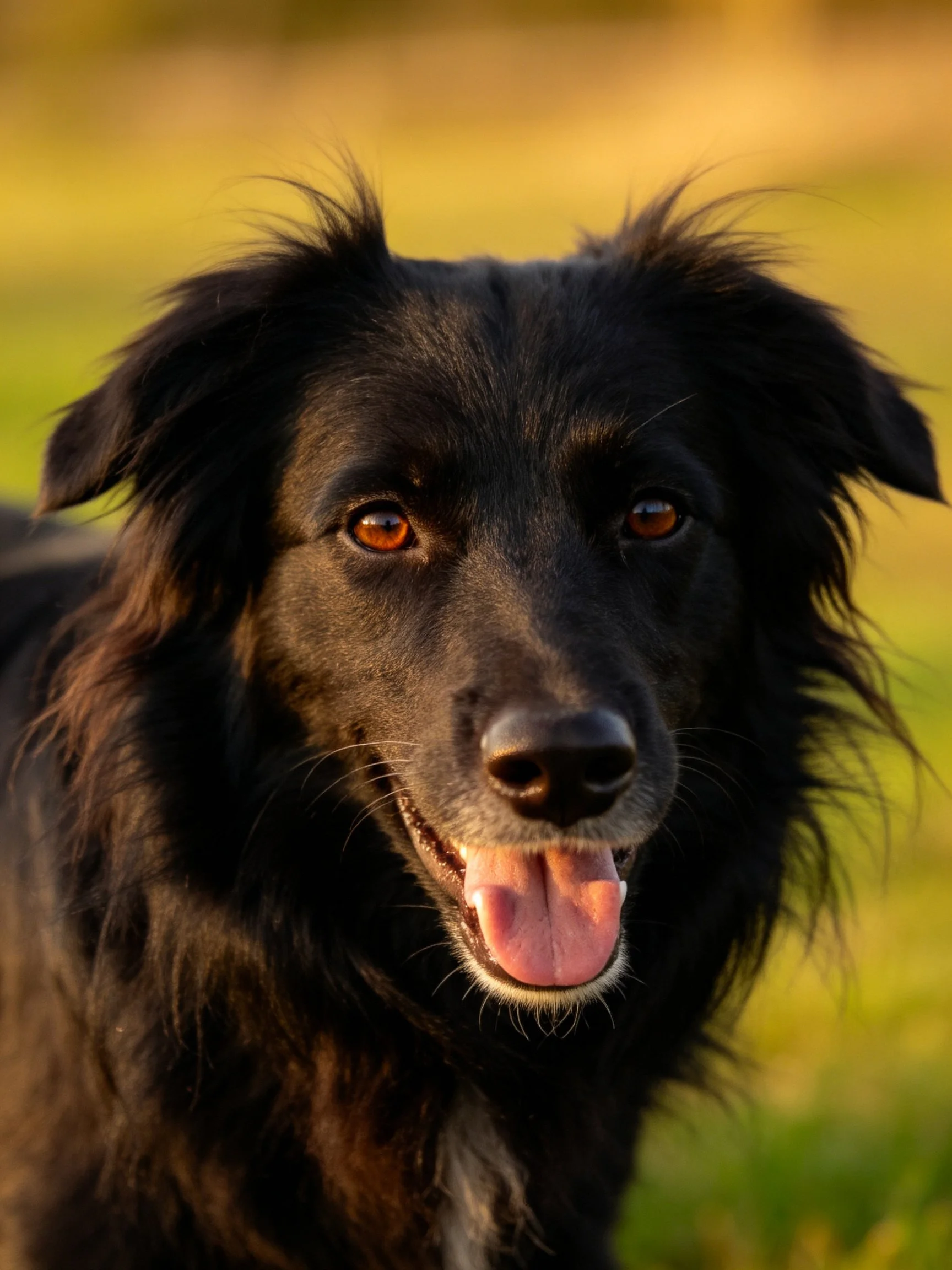 A close-up portrait of a black dog with shaggy fur and warm eyes.