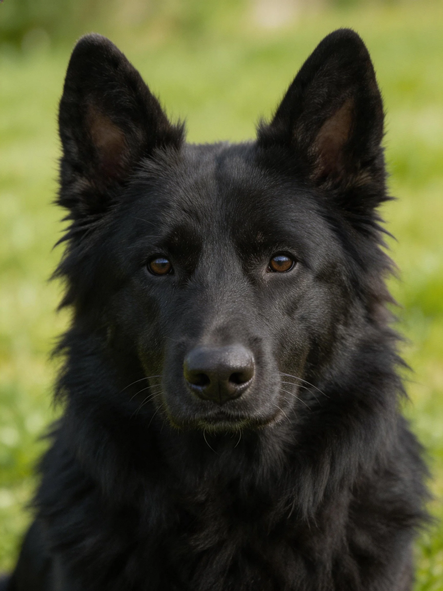 Close-up portrait of a black dog with upright ears in an outdoor setting.