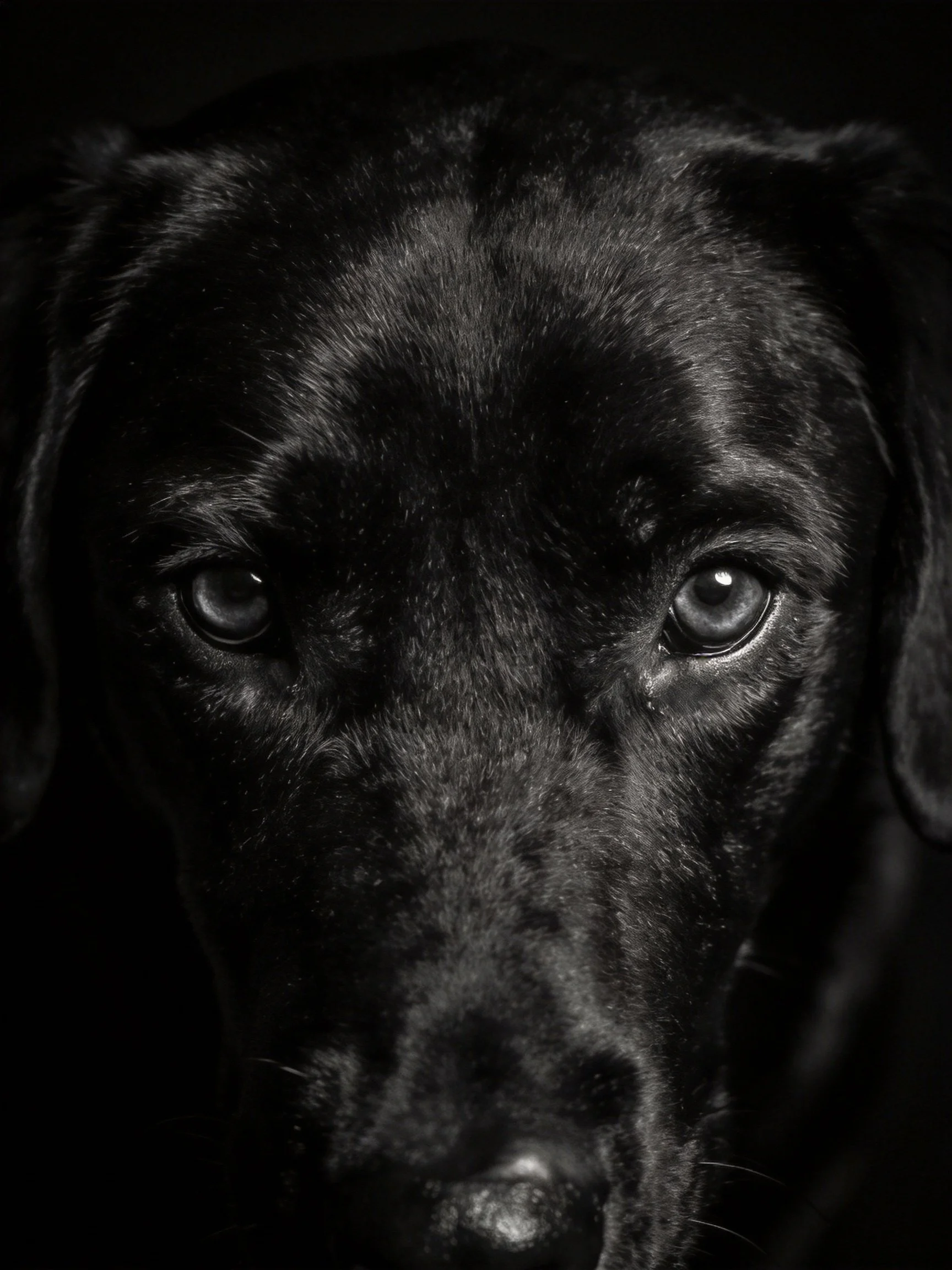 Close - up portrait of a black dogs face in monochrome