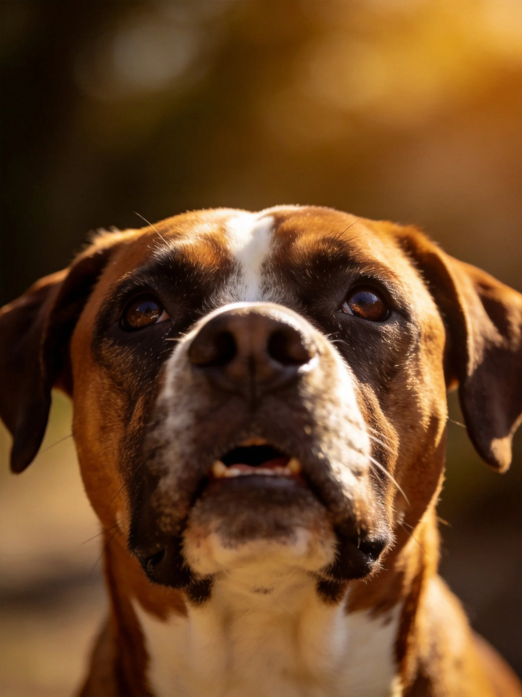 A close-up captures a brown and white Boxer dog gazing upward.